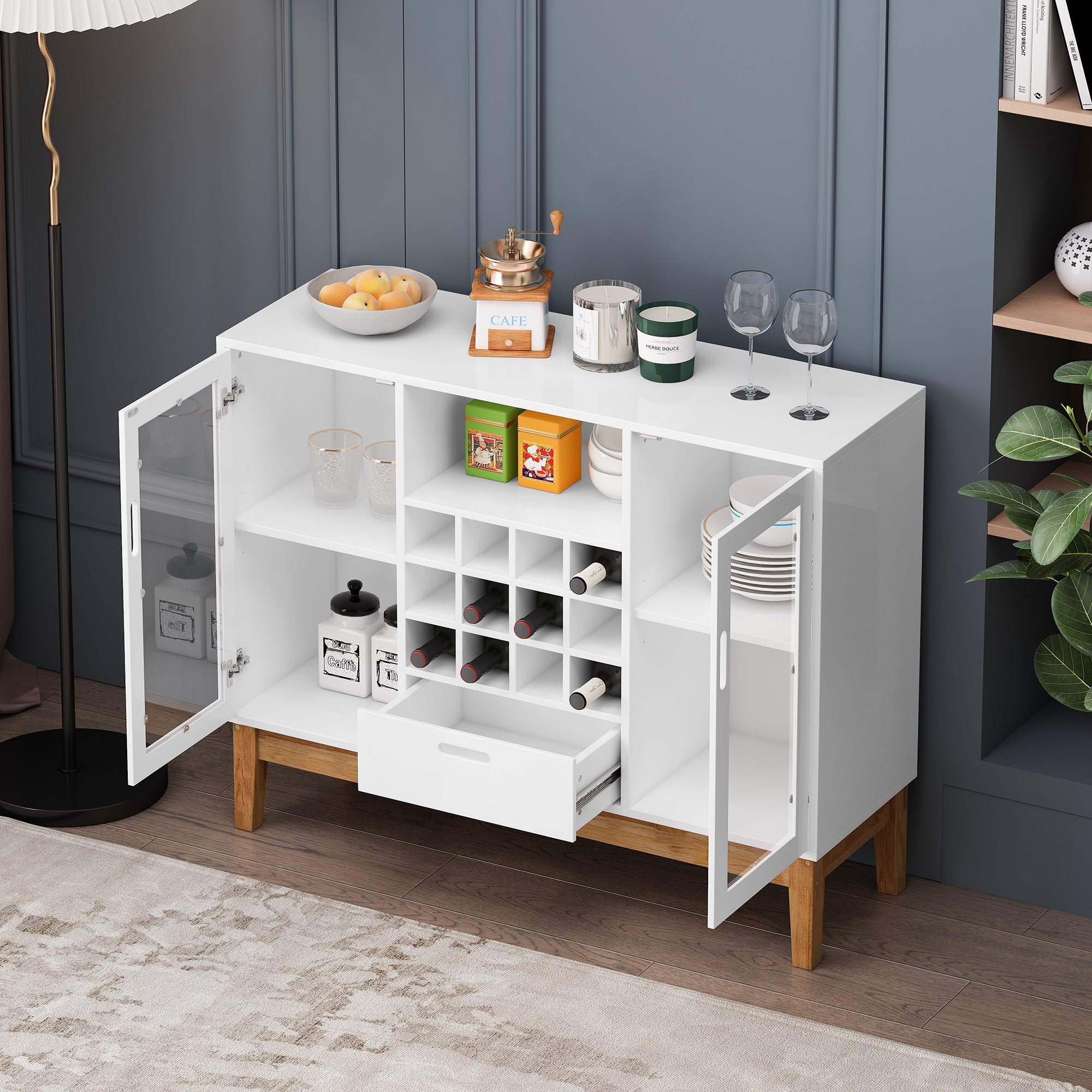 39" Wide 1-Drawer Sideboard in White with Wine Rack