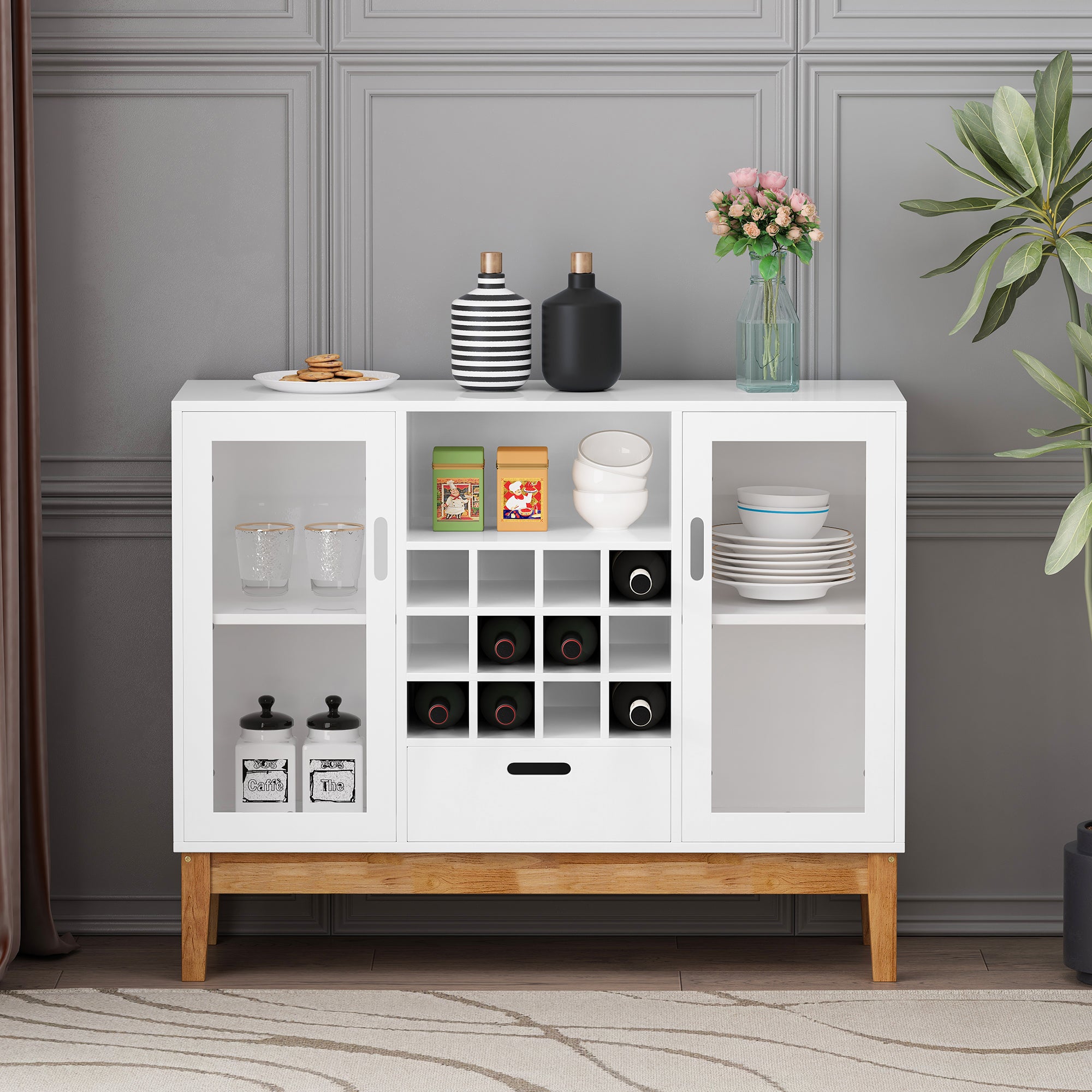 39" Wide 1-Drawer Sideboard in White with Wine Rack