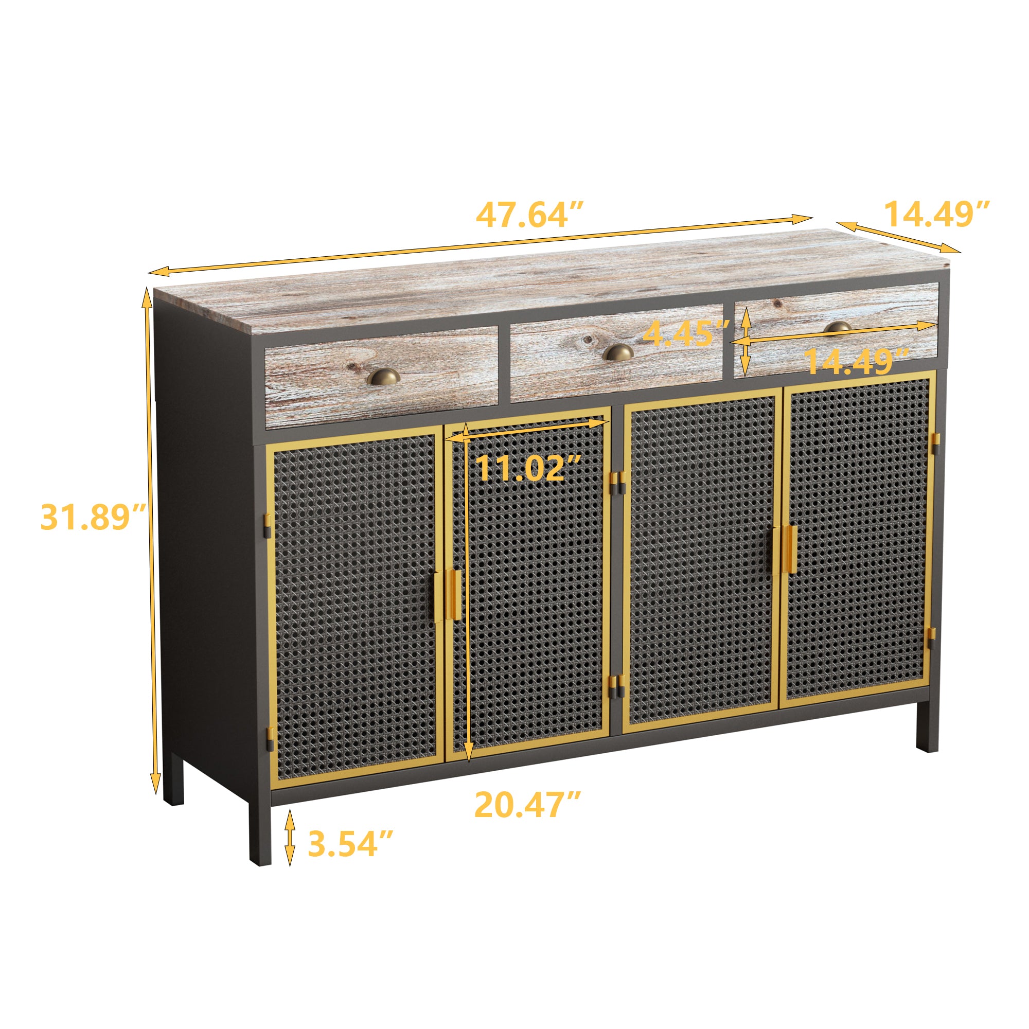 48" Wide Metal 3-Drawer Sideboard in Dark Gray with Inner Shelves