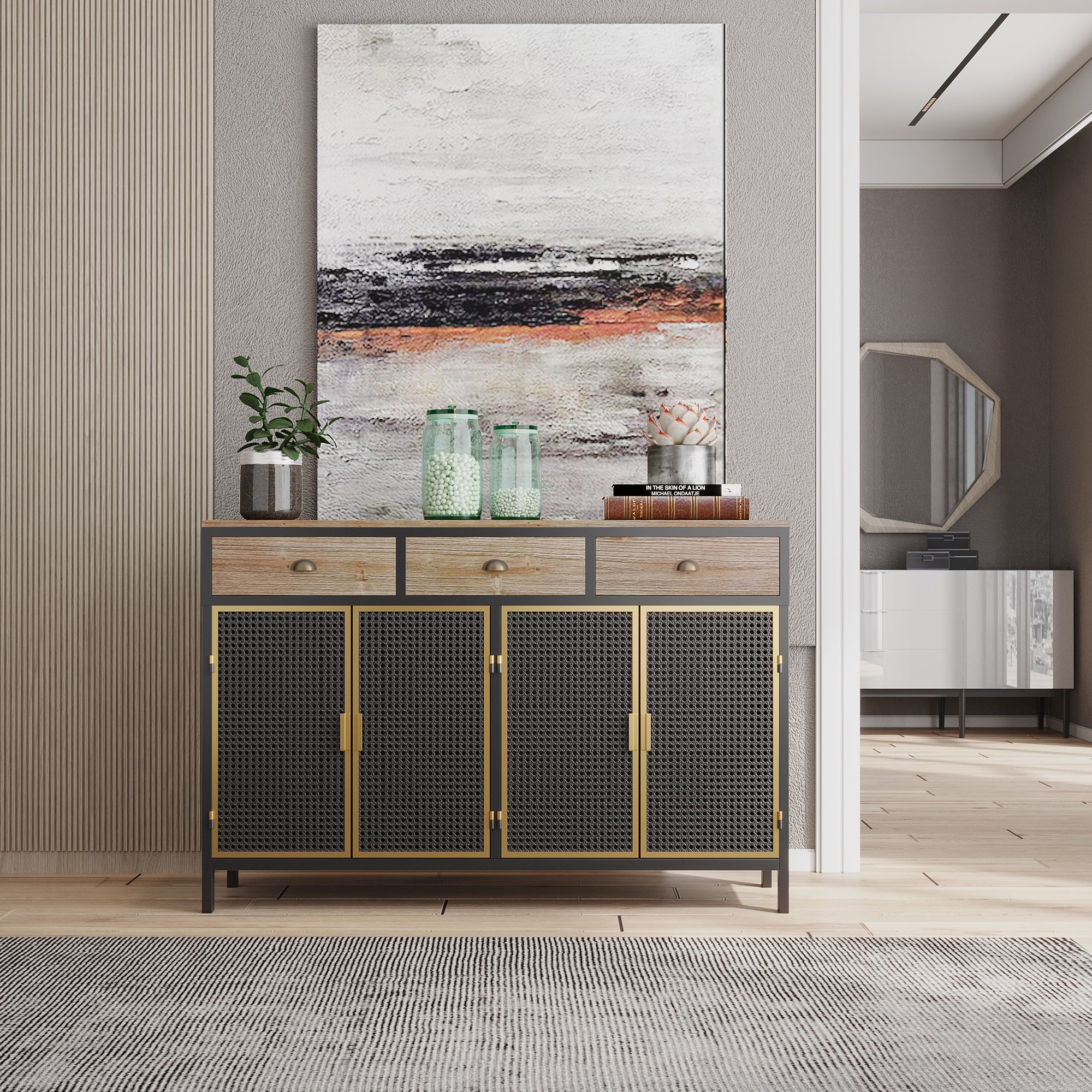 48" Wide Metal 3-Drawer Sideboard in Dark Gray with Inner Shelves