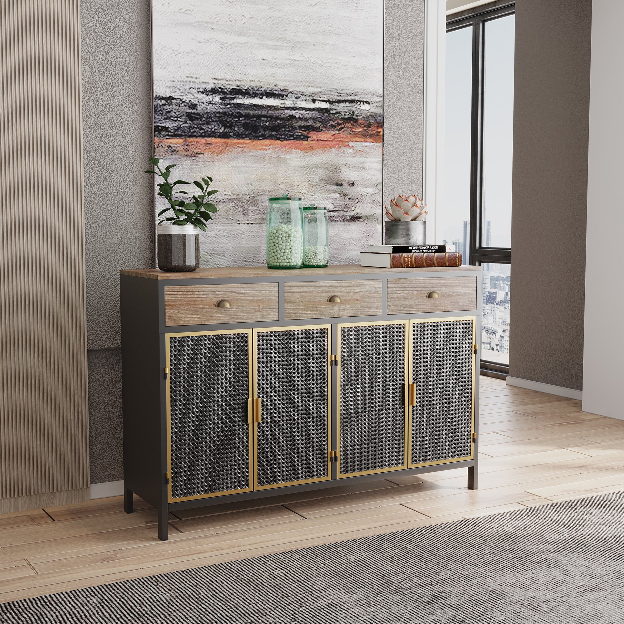 48" Wide Metal 3-Drawer Sideboard in Dark Gray with Inner Shelves