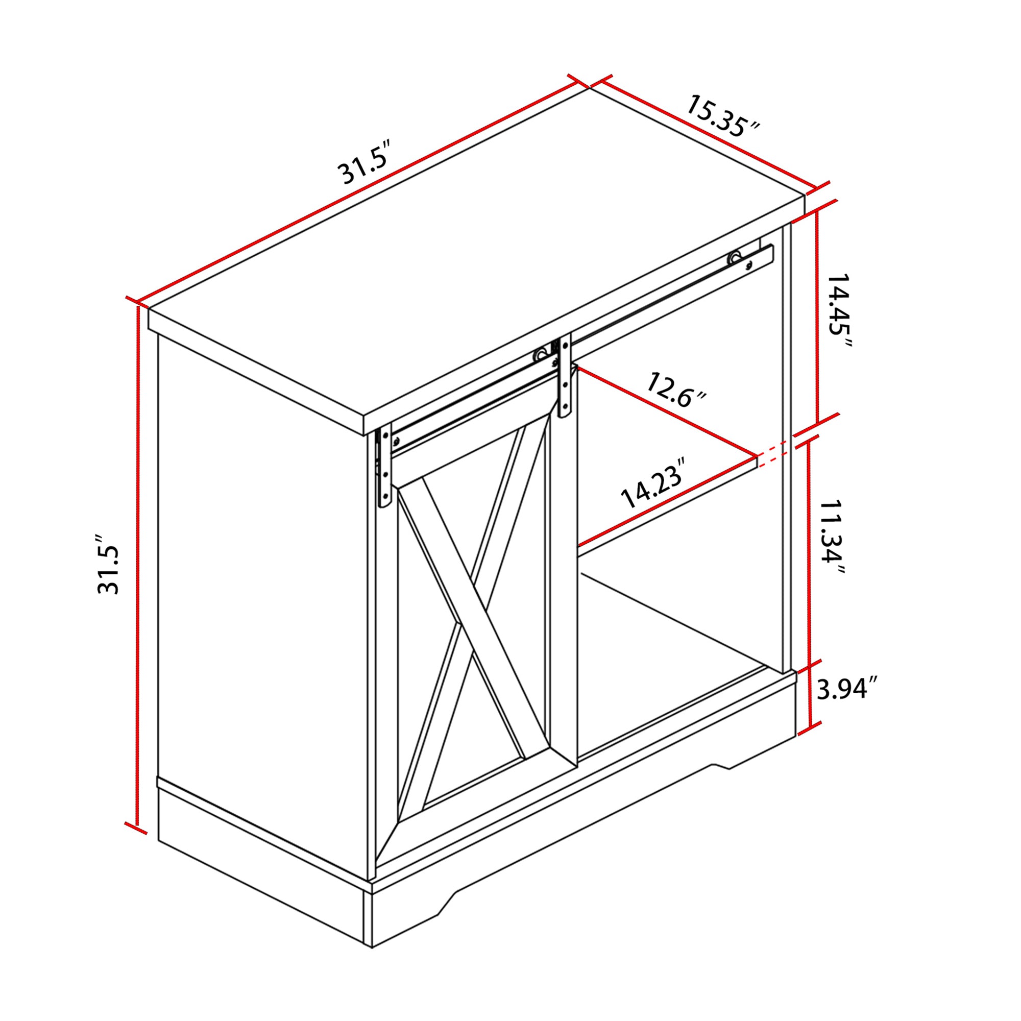32" Tall Wood 1-door Storage Cabinet with Sliding Slat Door