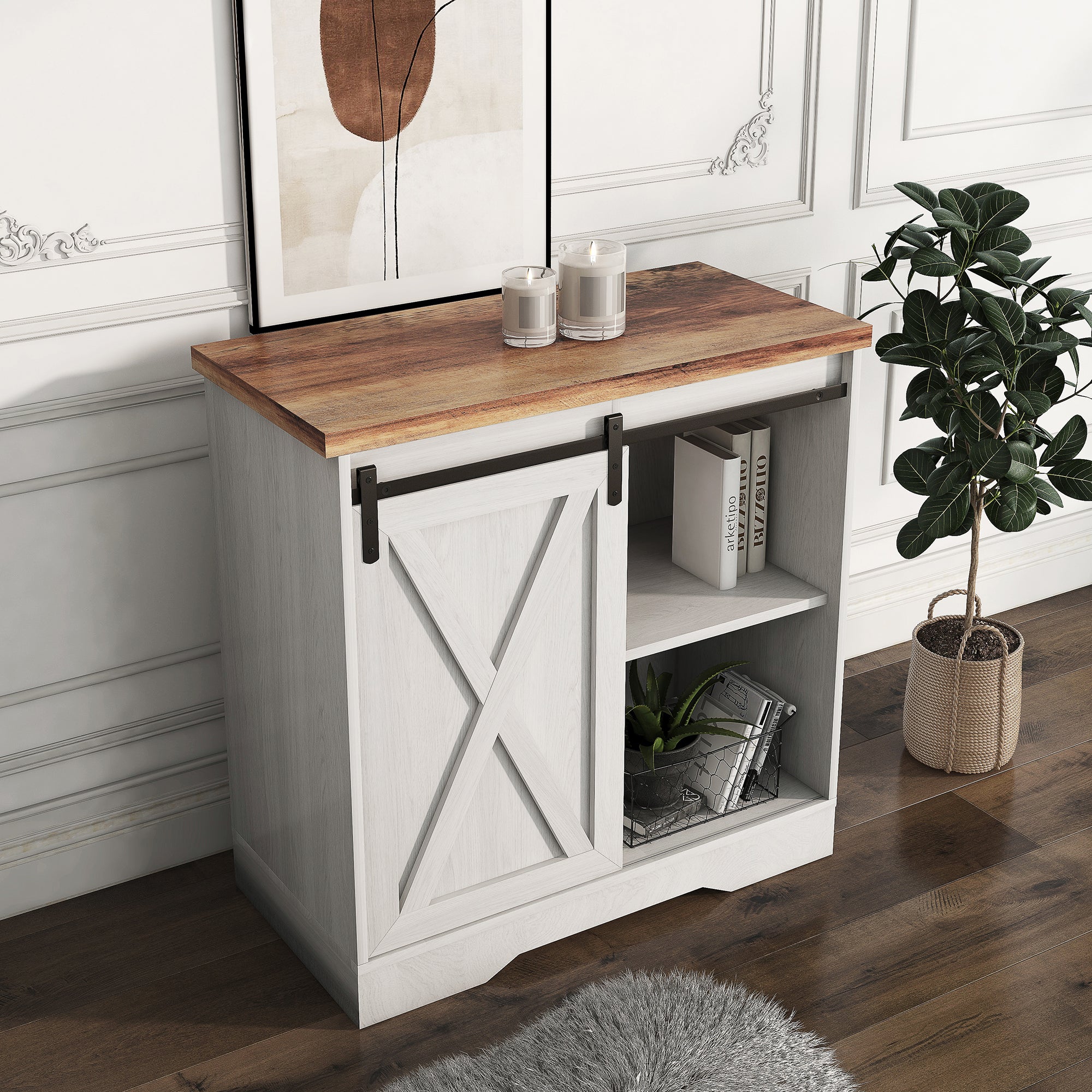 32" Tall Wood 1-door Storage Cabinet with Sliding Slat Door