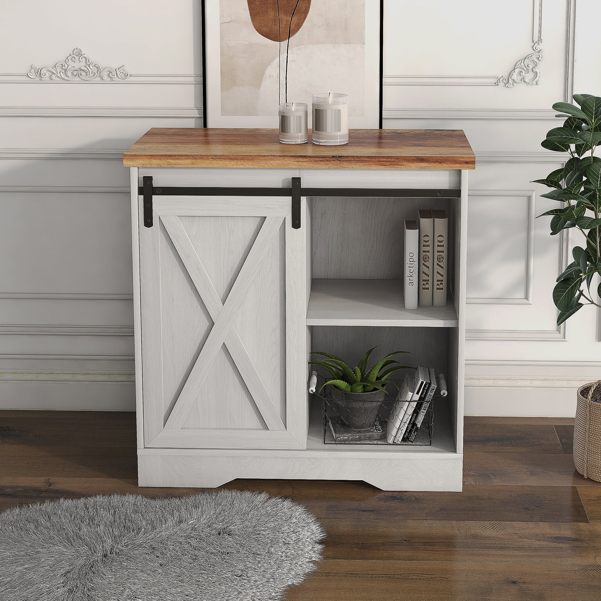 32" Tall Wood 1-door Storage Cabinet with Sliding Slat Door