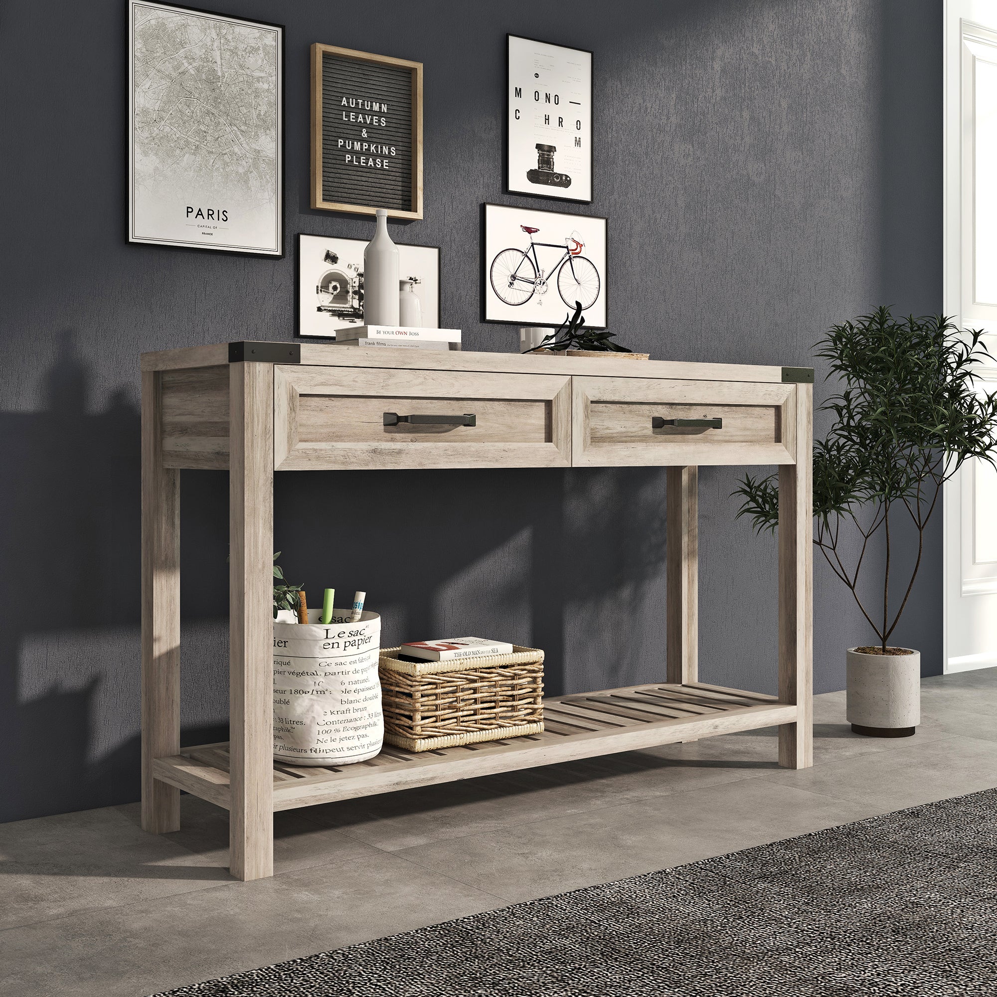 47-inch Console Table with Drawers and Shelf for Living Room