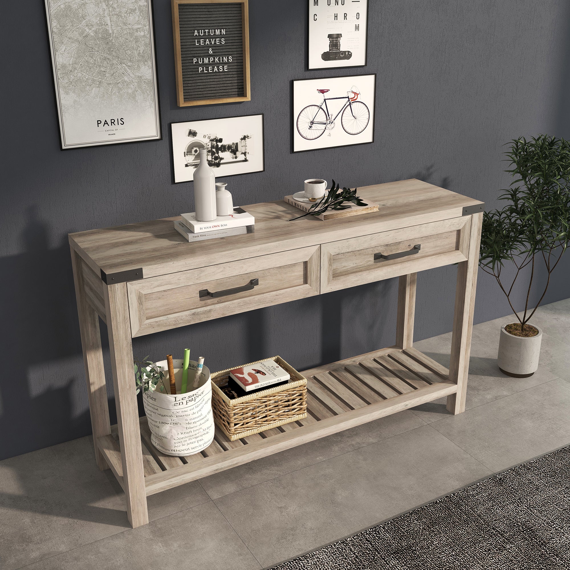 47-inch Console Table with Drawers and Shelf for Living Room