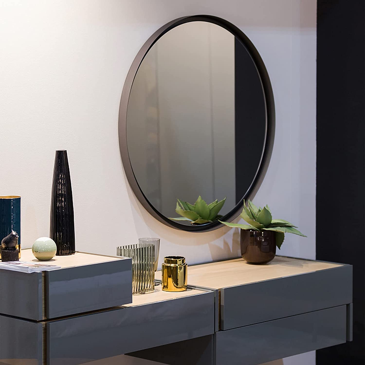 Round Aluminium Framed Wall Mounted Mirror in Black