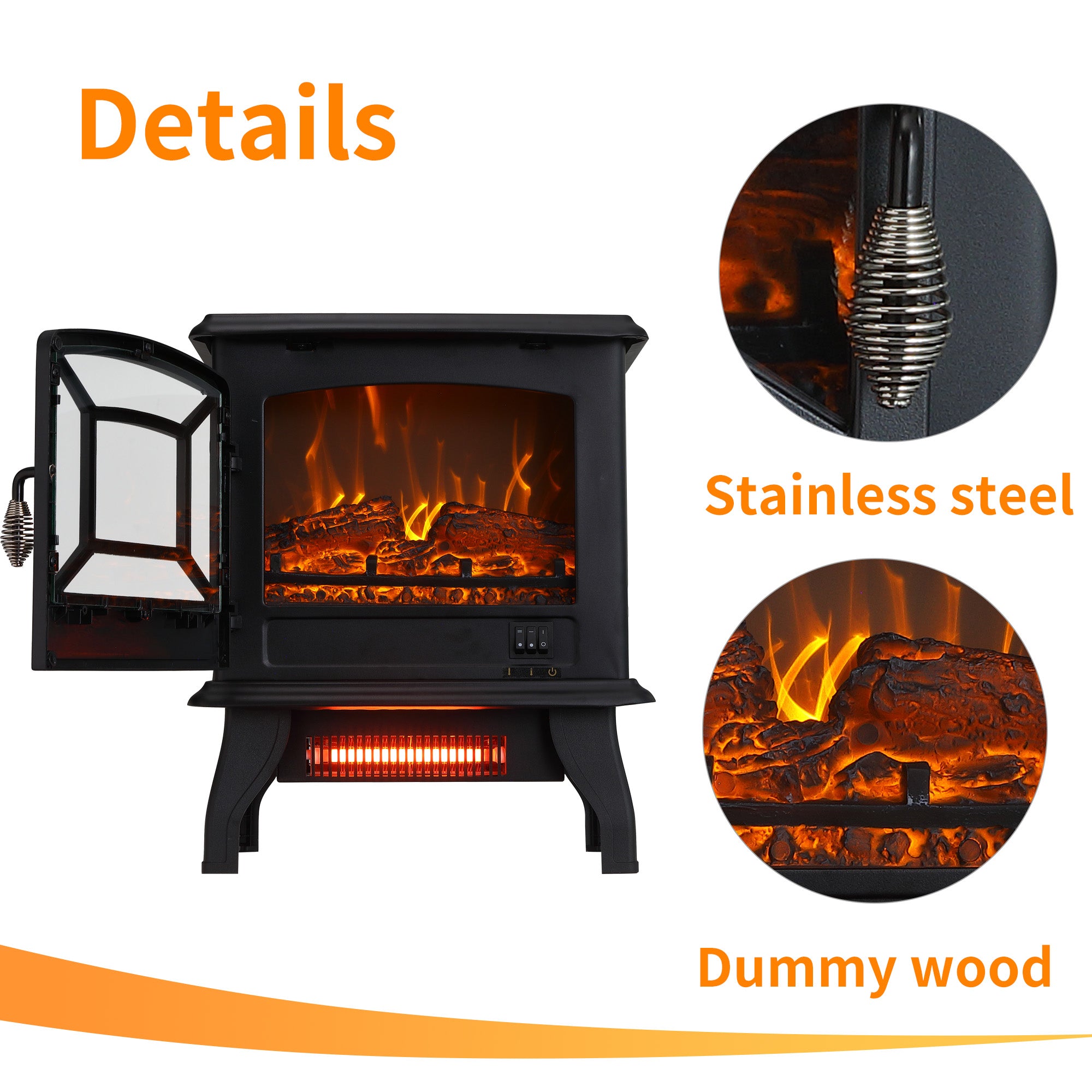 1400W Compact Freestanding Portable Electric Fireplace Stove Heater with Realistic 3D Flame Effect