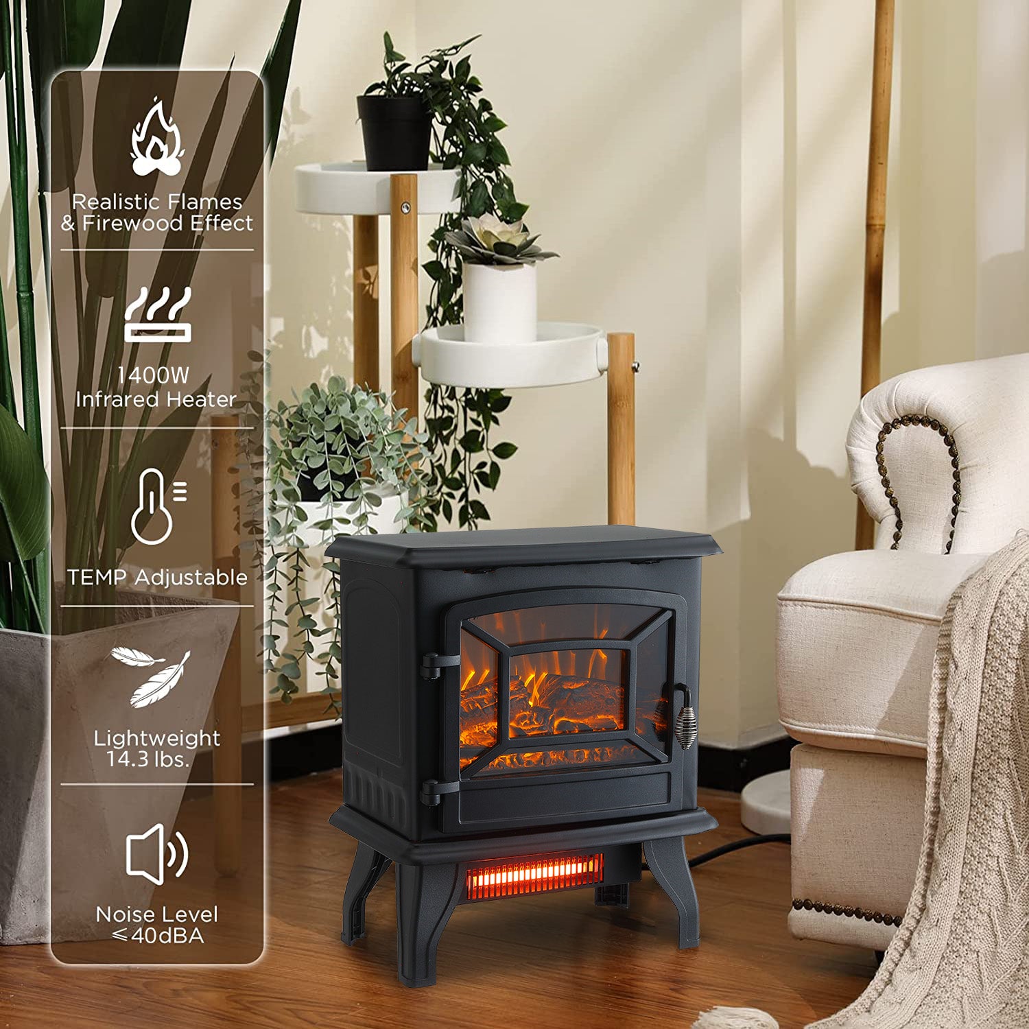1400W Compact Freestanding Portable Electric Fireplace Stove Heater with Realistic 3D Flame Effect