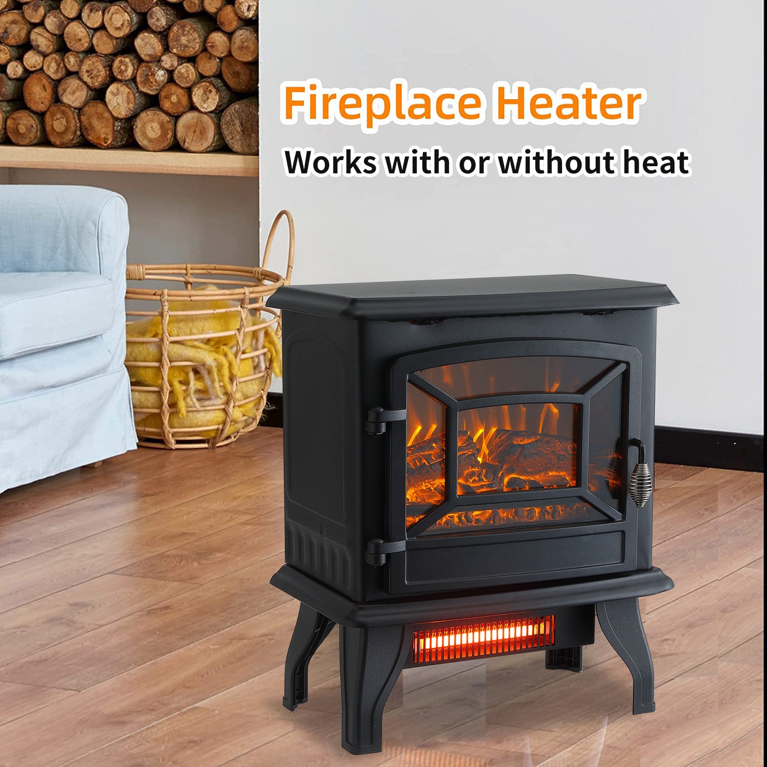 1400W Compact Freestanding Portable Electric Fireplace Stove Heater with Realistic 3D Flame Effect
