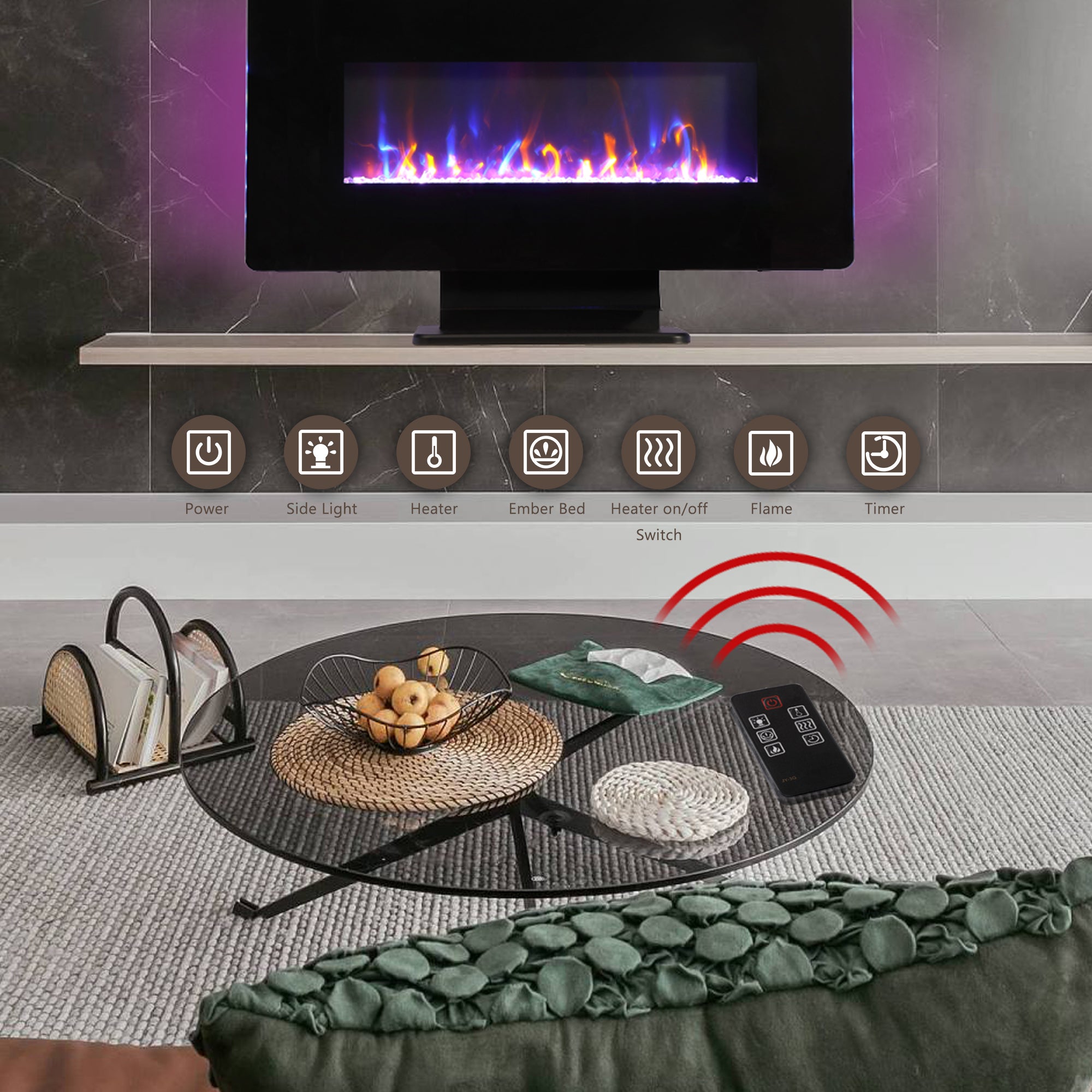 36-inch Freestanding or Wall Mounted Electric Fireplace with Adjustable Flame Color and Remote Control
