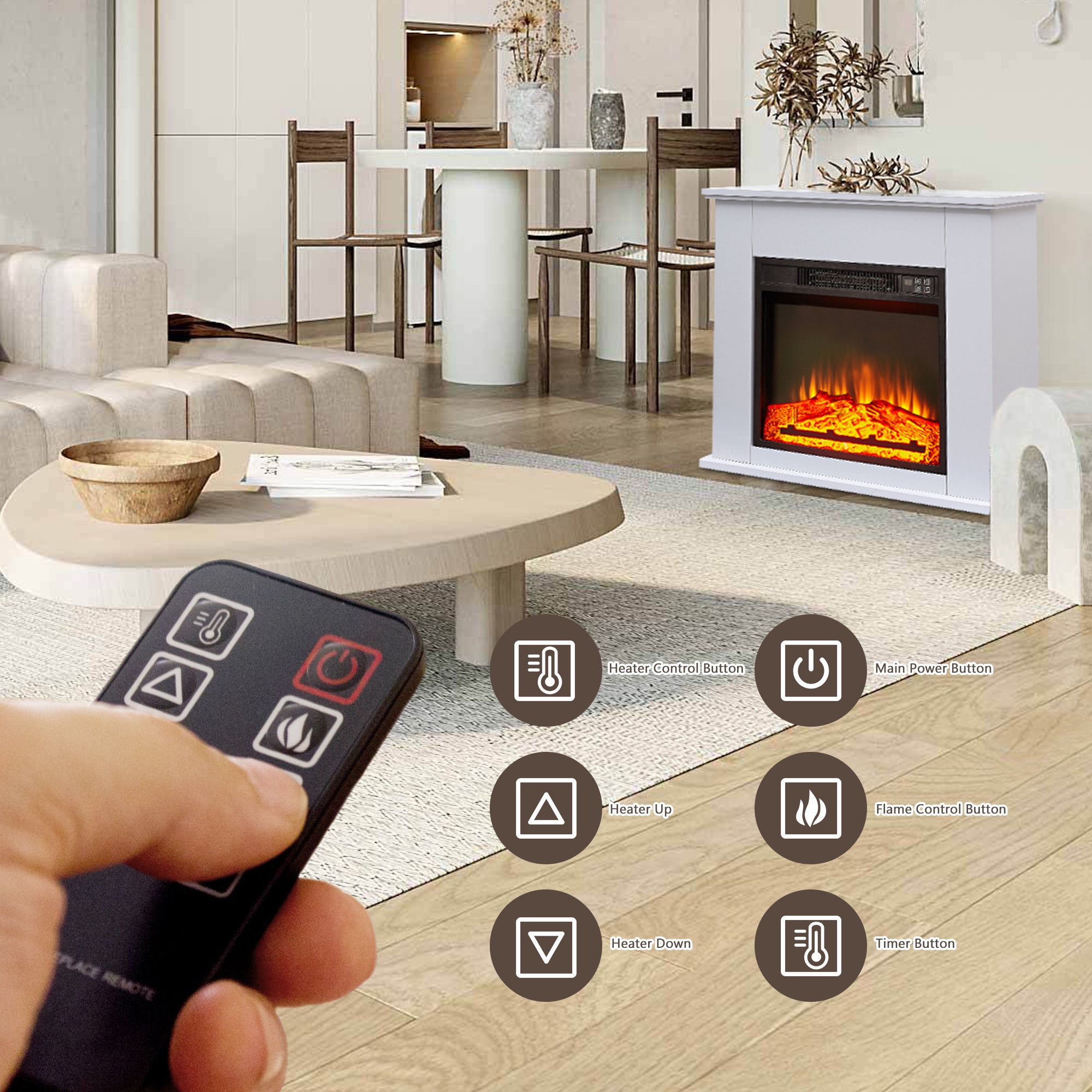 1400W Electric Freestanding Fireplace Mantel Heater with Remote Control & Realistic Flames