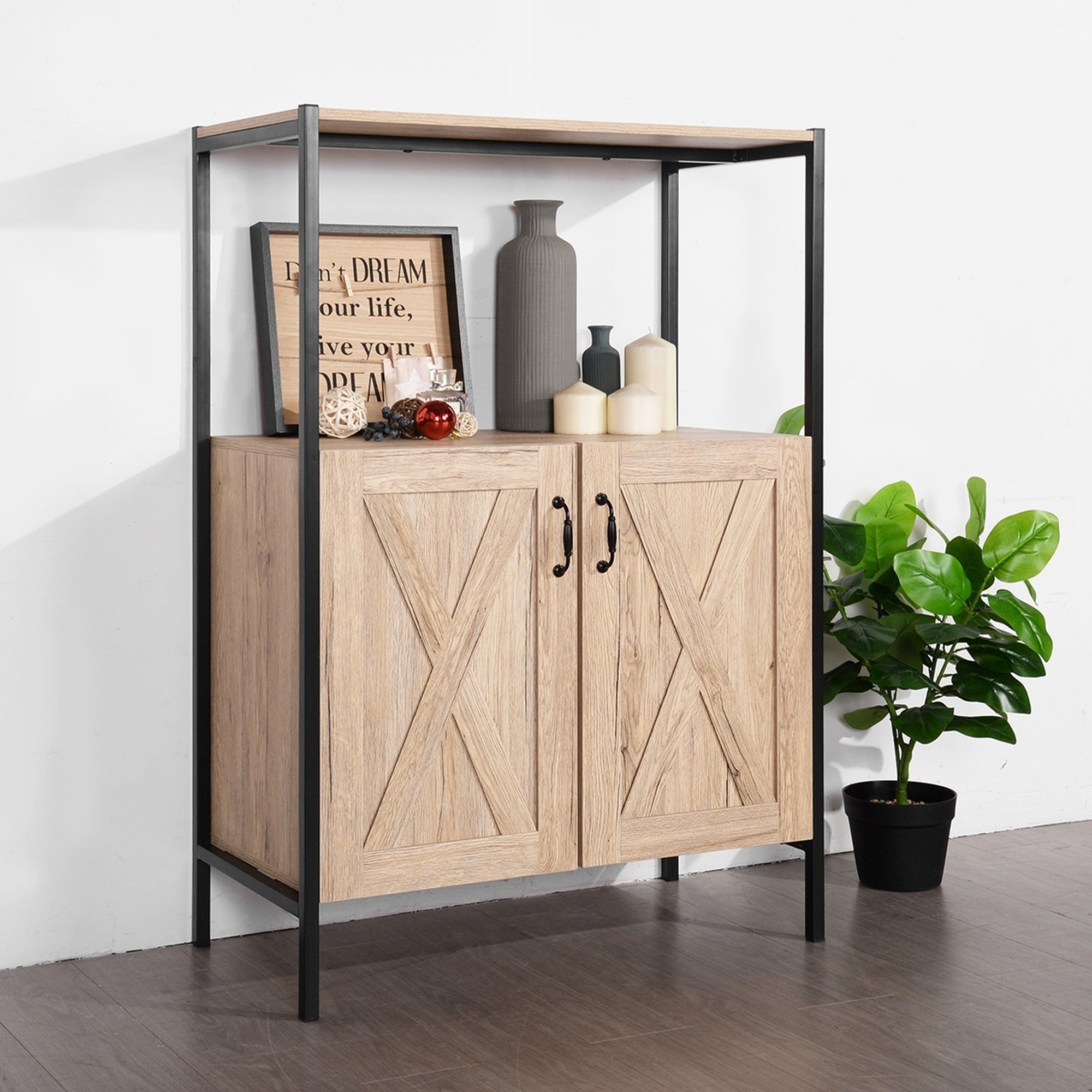 Wood Double Door Accent Cabinet with 4 Interior Shelves and 1 Exterior Shelves