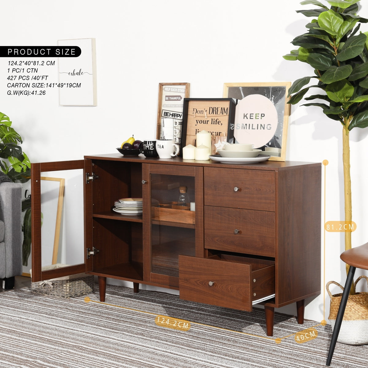 48-inch Wood Sideboard with Glass Door and 3 Drawers