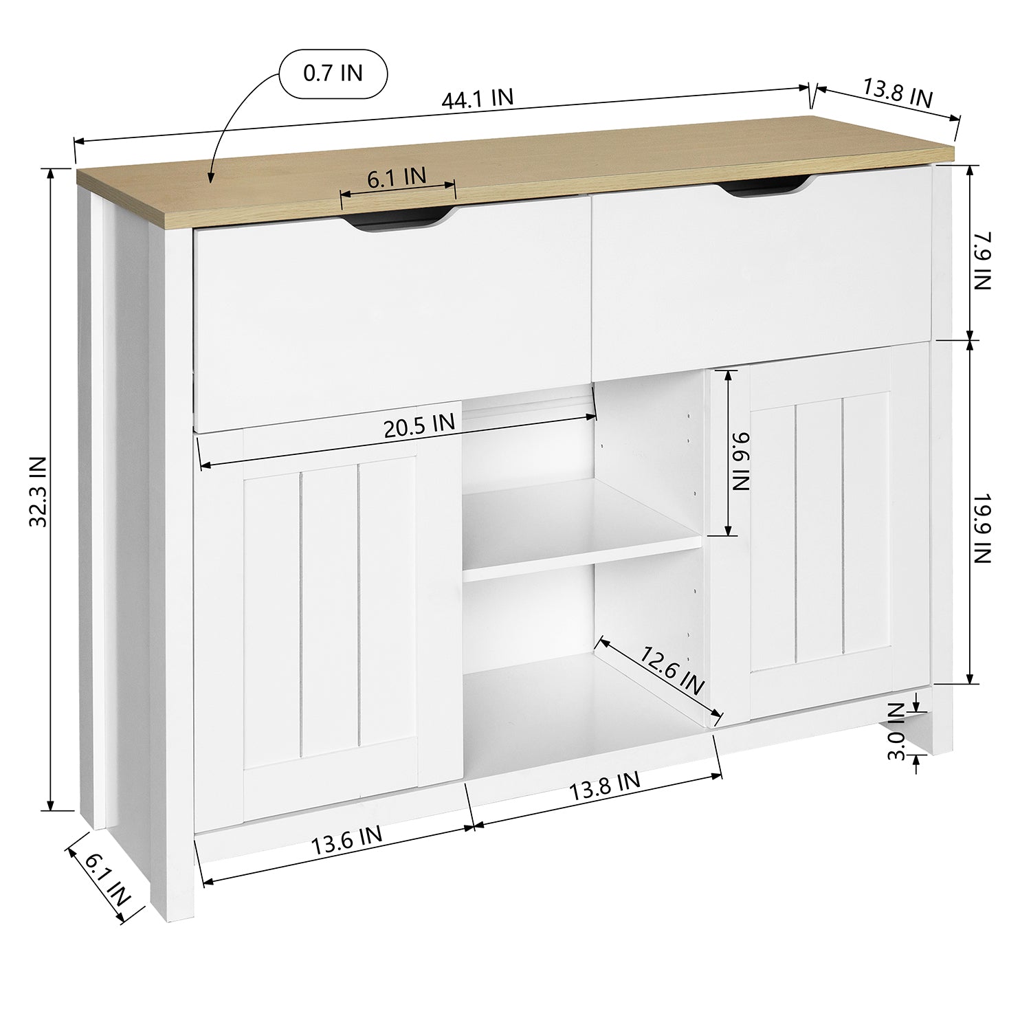44-inch Wood Sideboard with Exterior Shelves and 2 Drawers