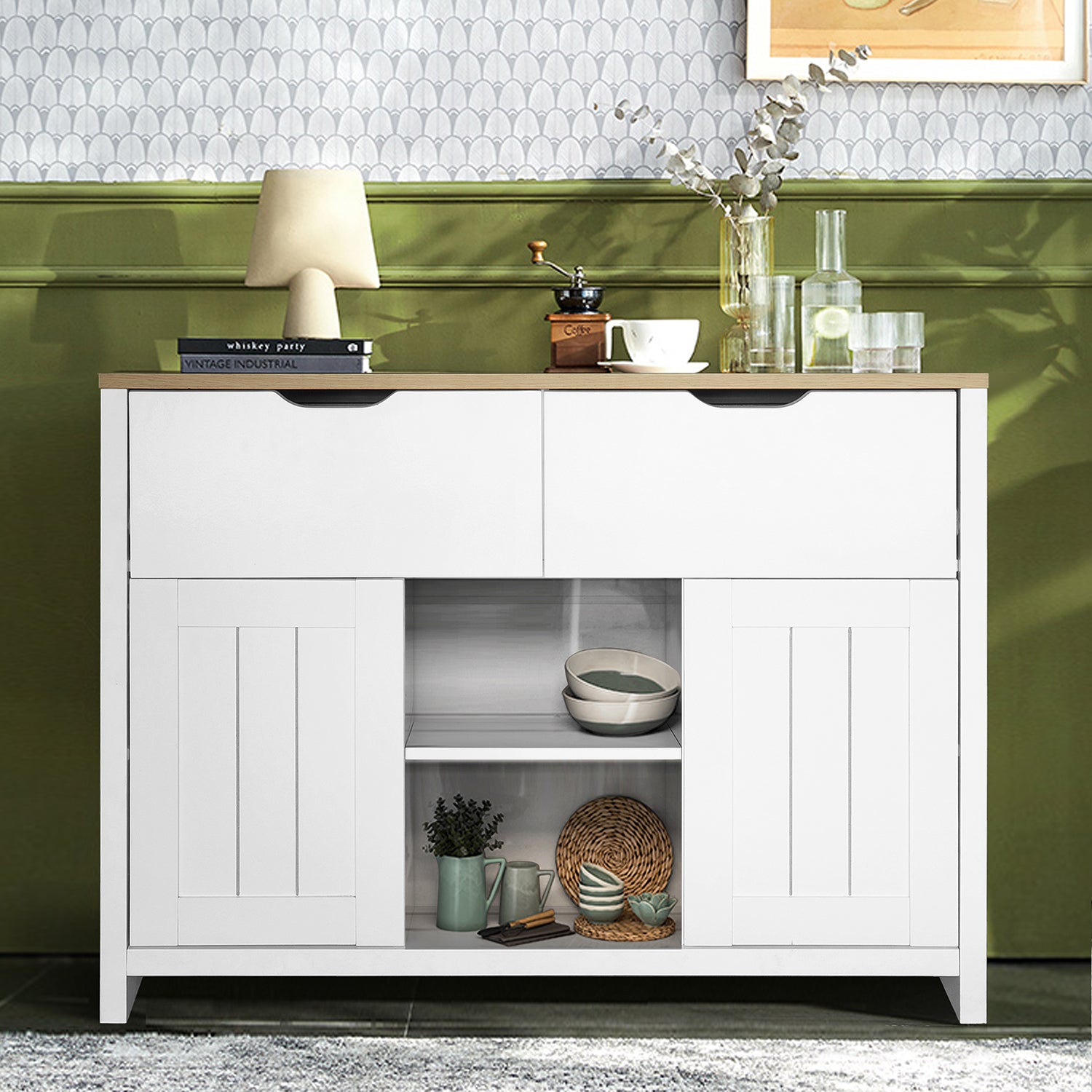44-inch Wood Sideboard with Exterior Shelves and 2 Drawers