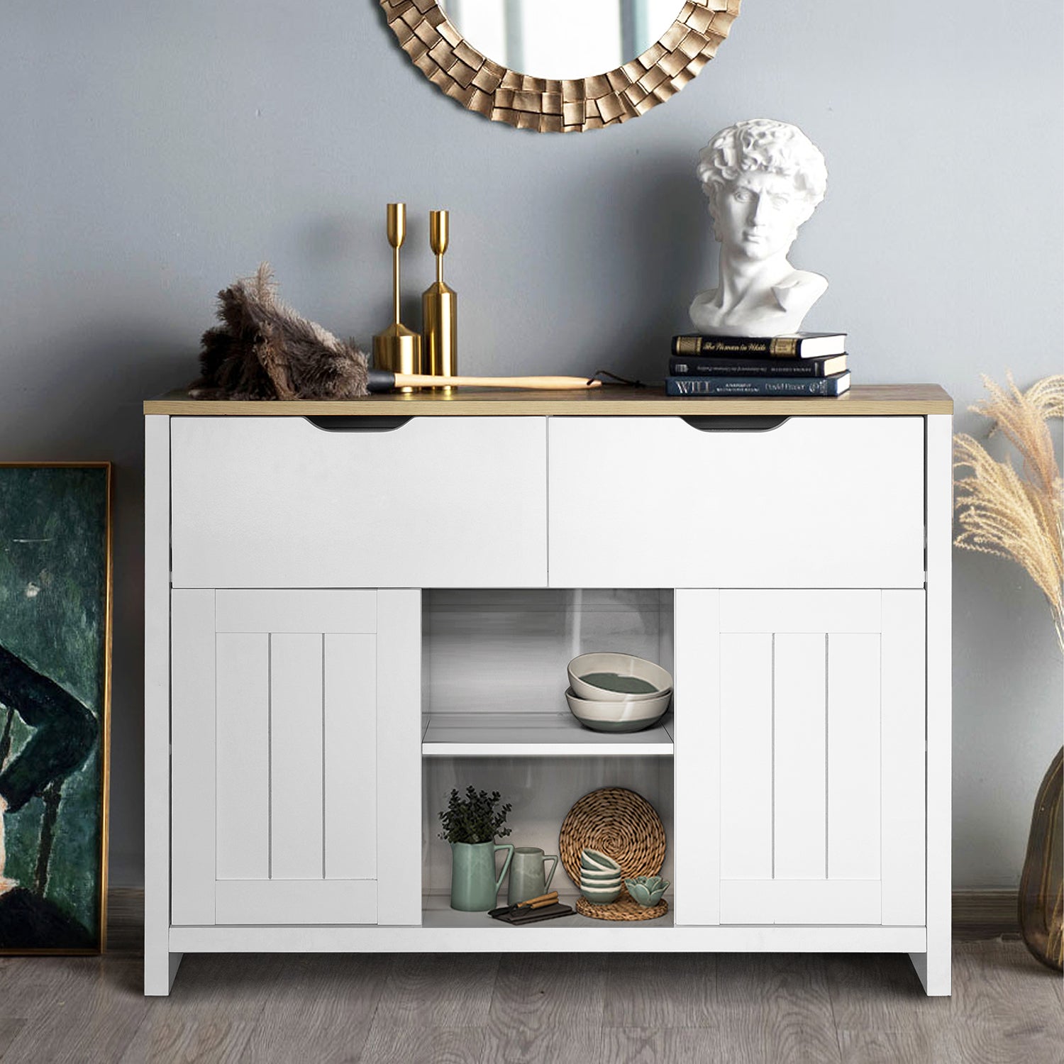 44-inch Wood Sideboard with Exterior Shelves and 2 Drawers
