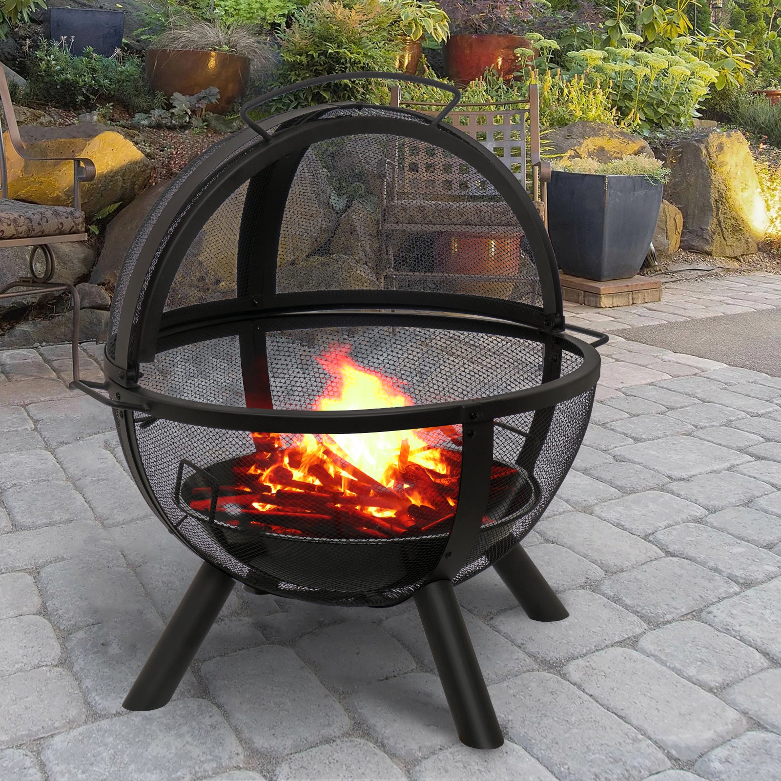 Round Iron Outdoor Fire Pit with Spark Screen