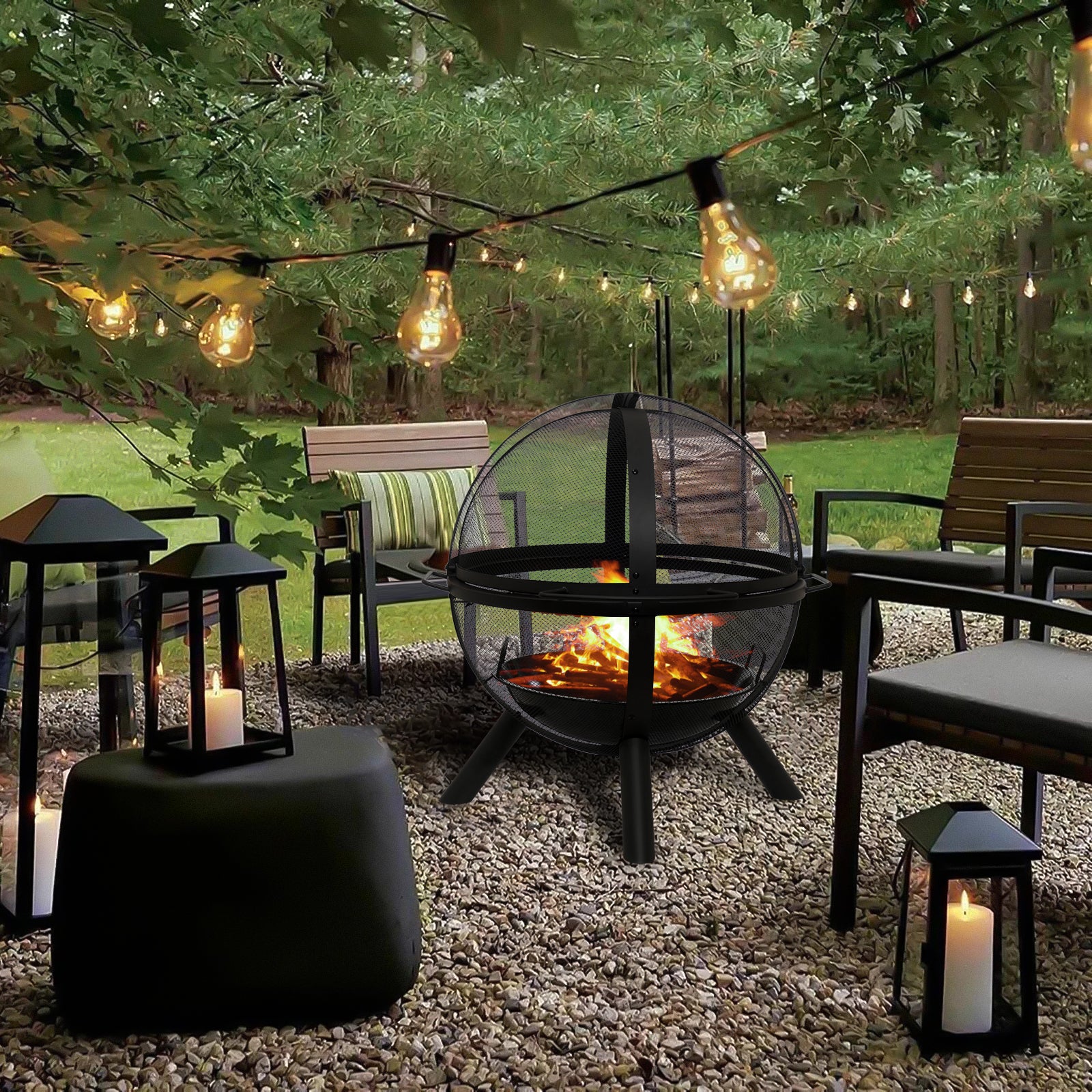 Round Iron Outdoor Fire Pit with Spark Screen