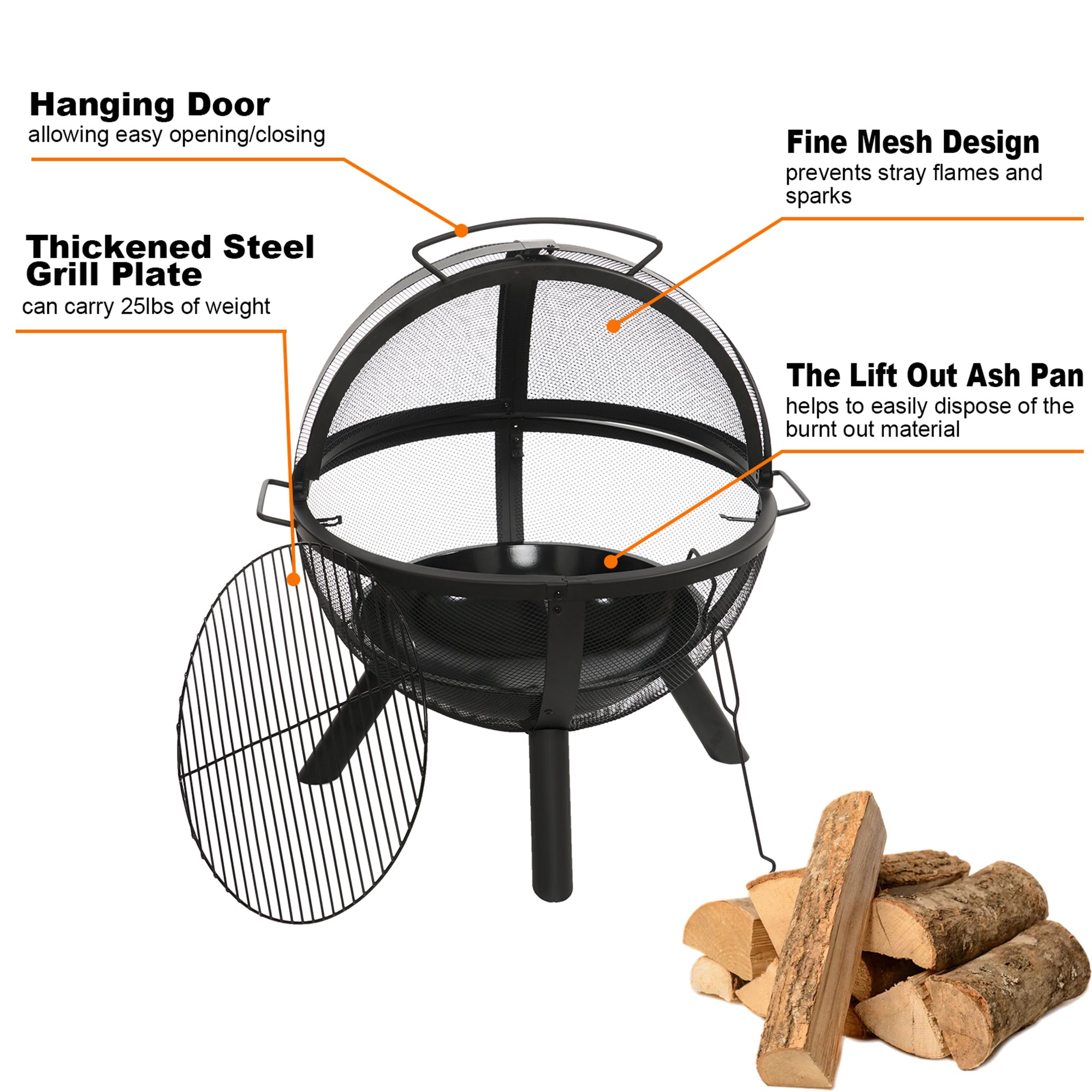 Round Iron Outdoor Fire Pit with Spark Screen