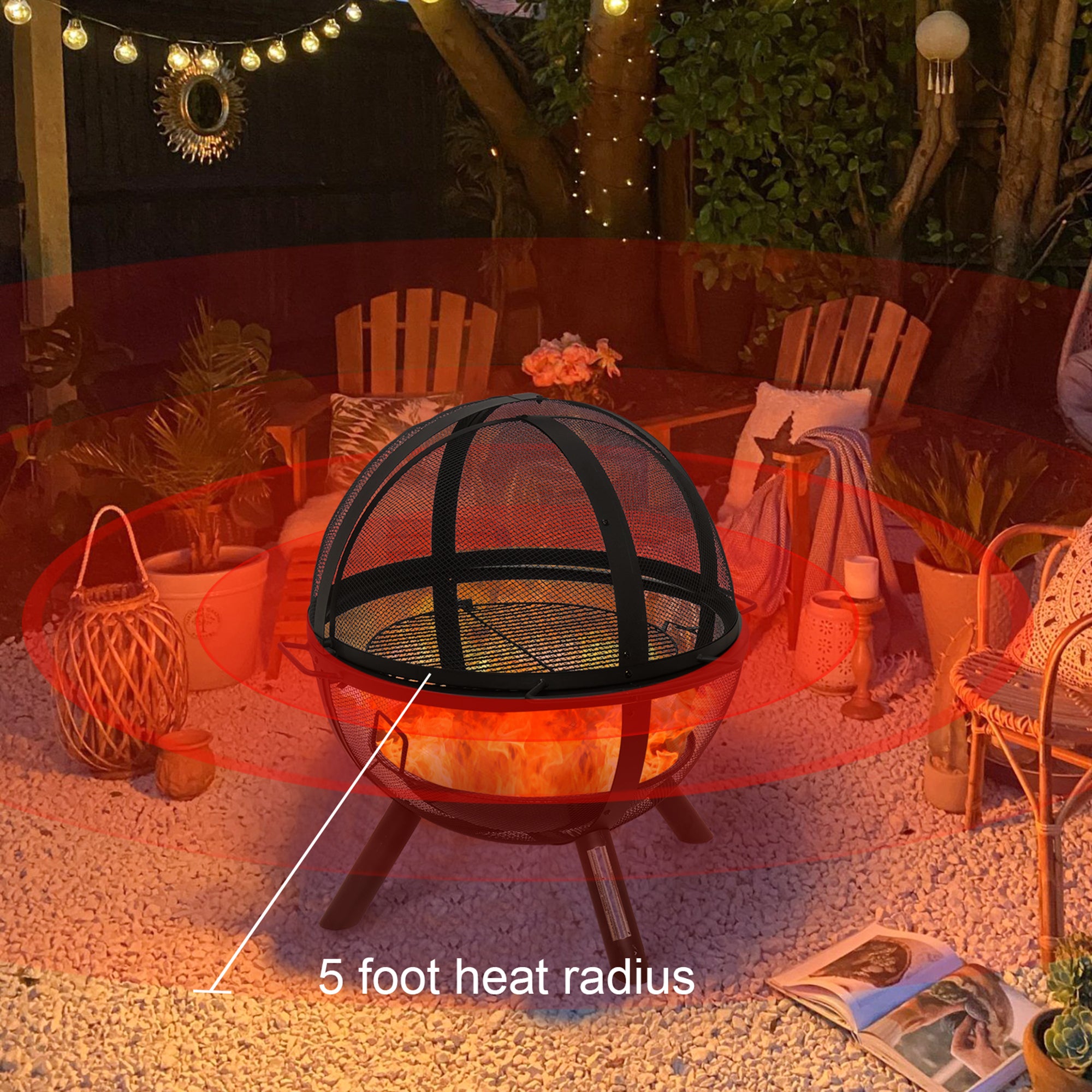 Round Iron Outdoor Fire Pit with Spark Screen