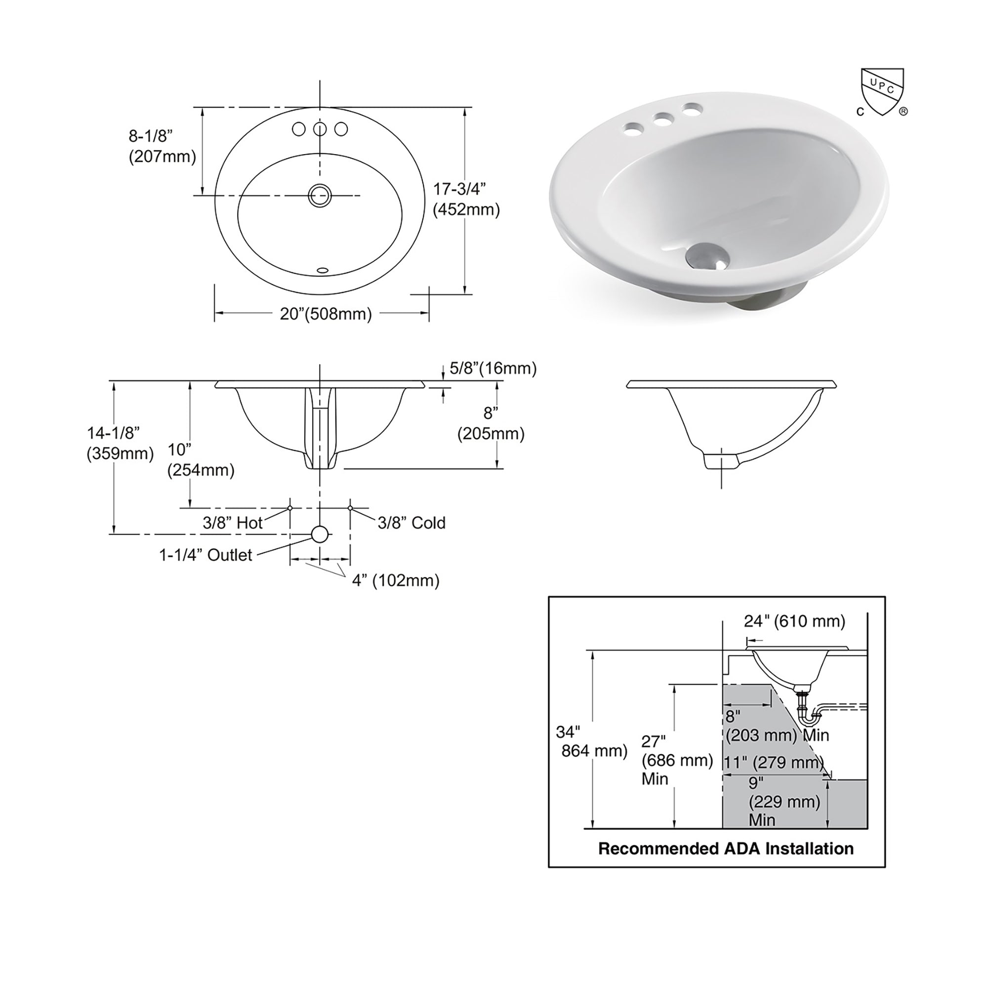 U-Shaped White Ceramic Drop-in Bathroom Sink