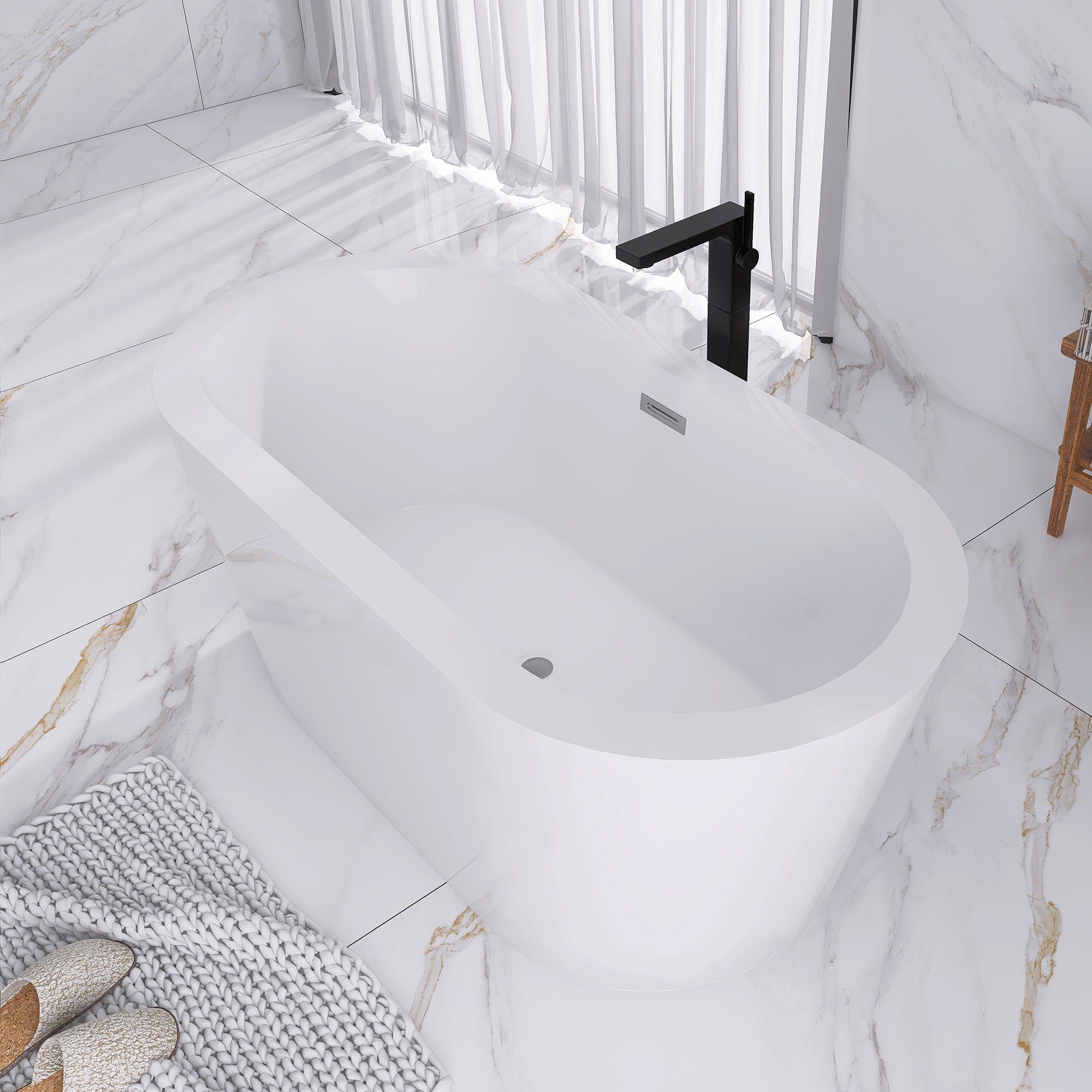 55" x 27.5" Freestanding Double Slipper Soaking Acrylic Bathtub