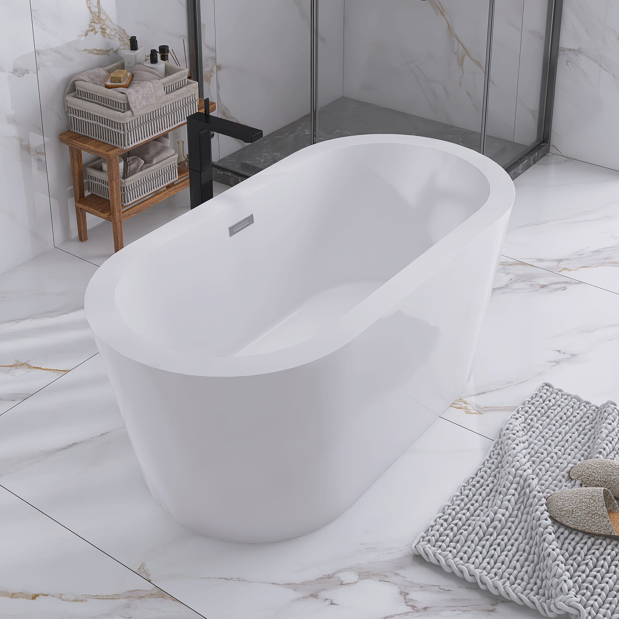 55" x 27.5" Freestanding Double Slipper Soaking Acrylic Bathtub