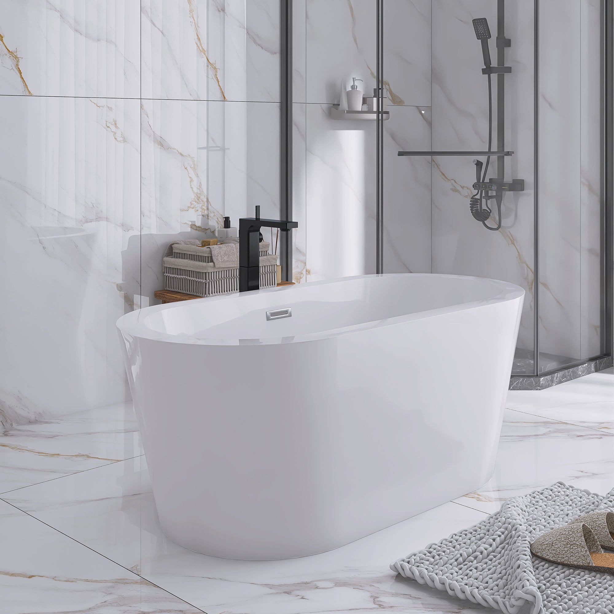 55" x 27.5" Freestanding Double Slipper Soaking Acrylic Bathtub