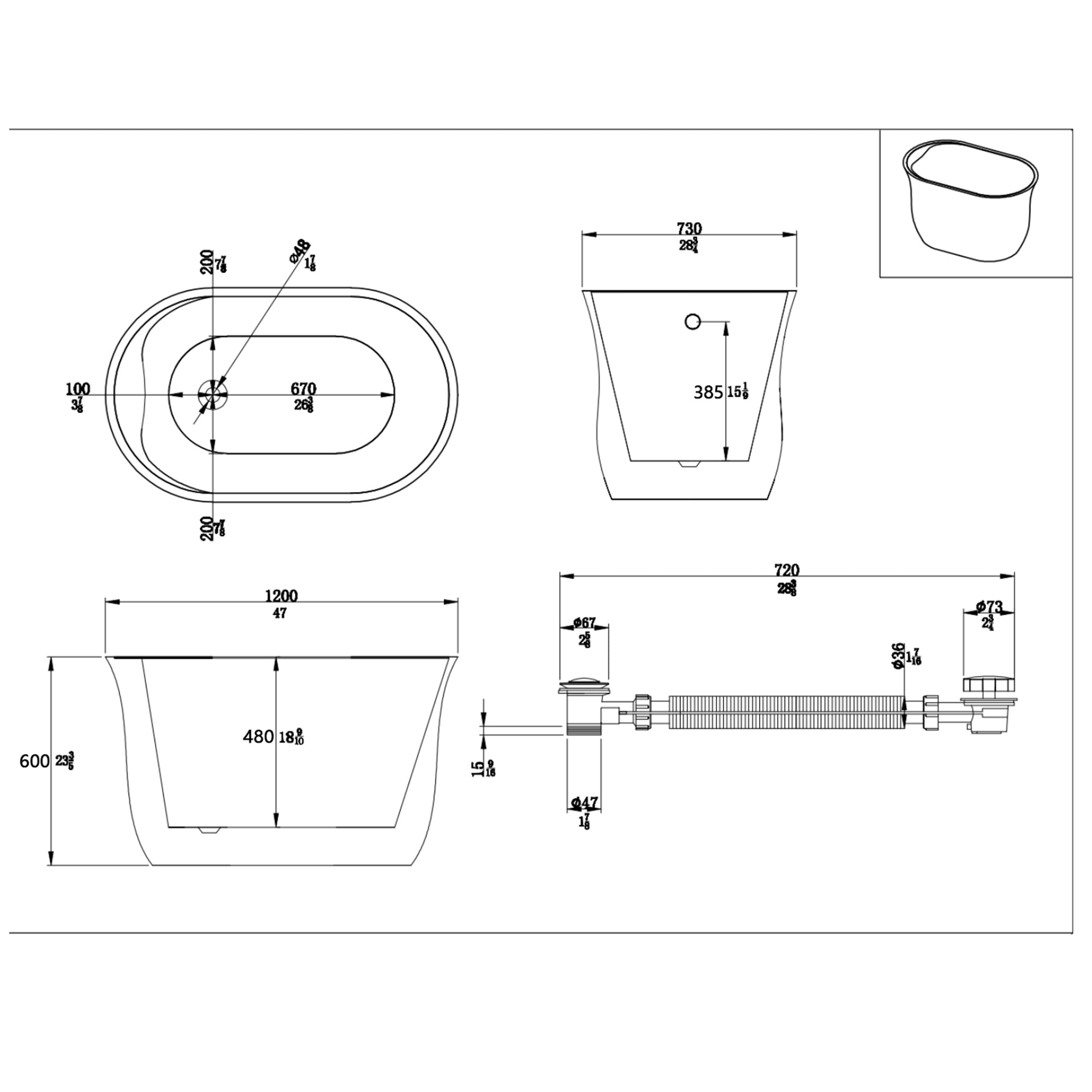 47 in. Acrylic Freestanding Non-Whirlpool Bathtub in White