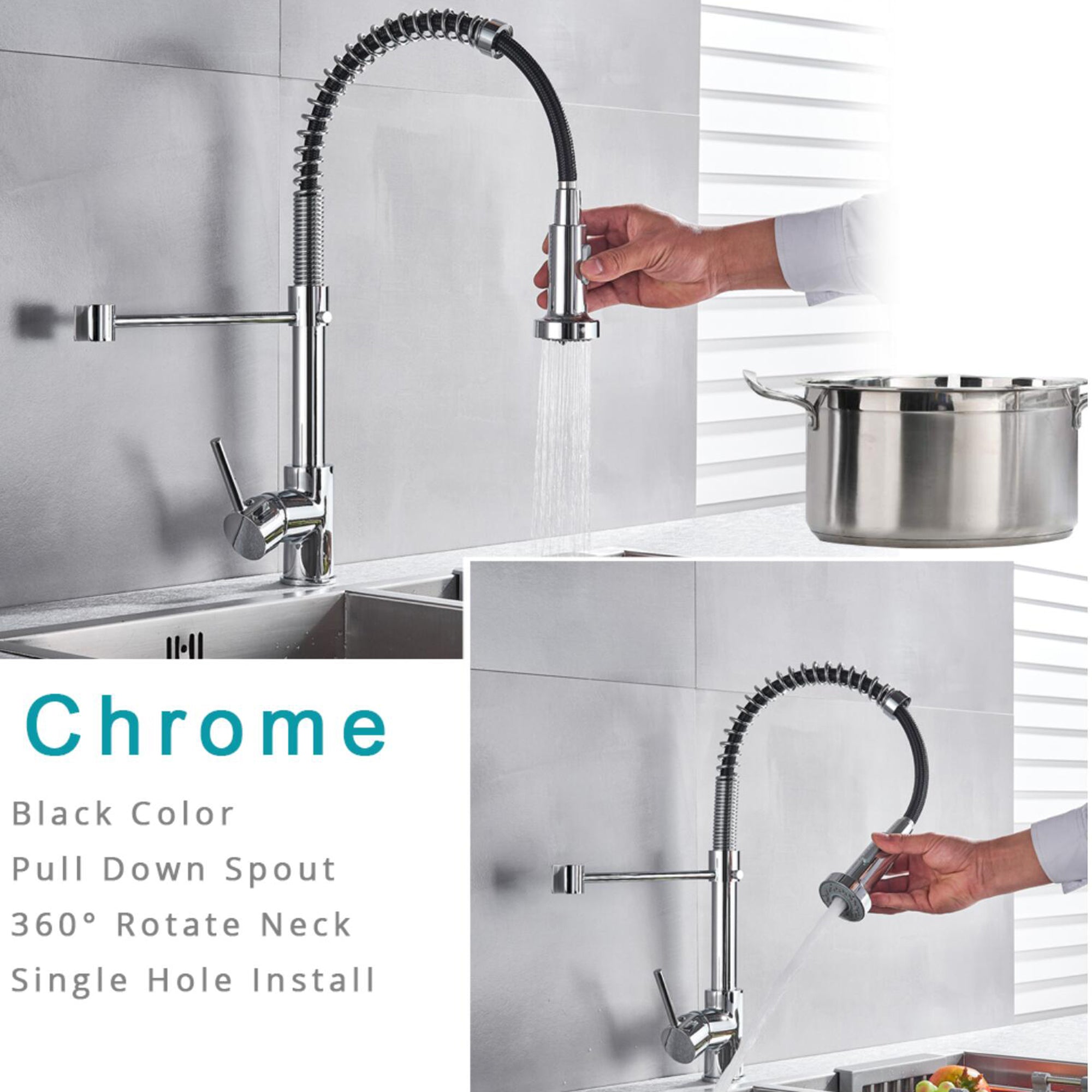 Single Handle Deck Mounted Spring Neck Pull Down Kitchen Faucet