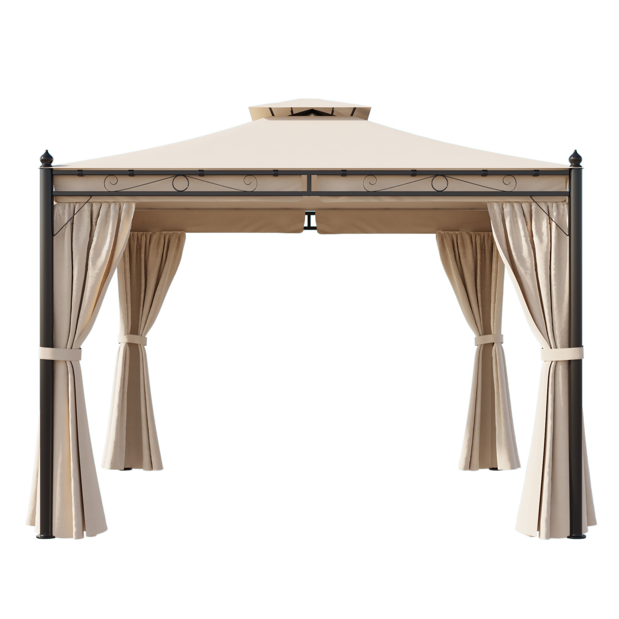 10' X 10' Iron Frame Outdoor Patio Gazebo with Privacy Polyester Curtain and Double Roofs