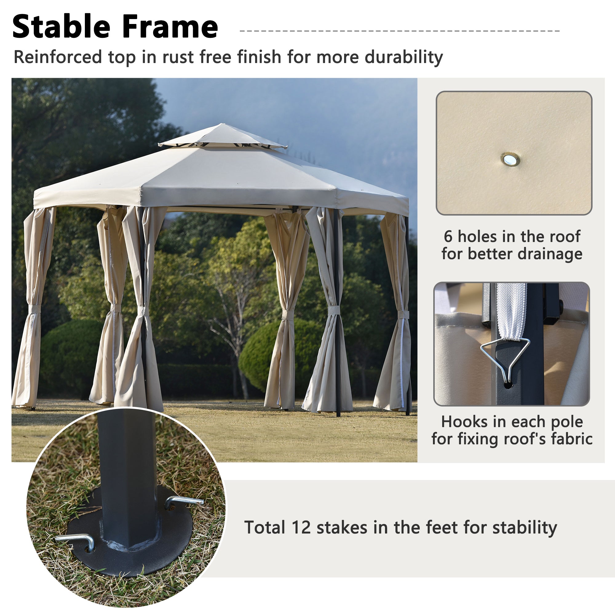 11' X 11' Iron Frame Outdoor Patio Gazebo with Polyester Curtain and Double Roofs