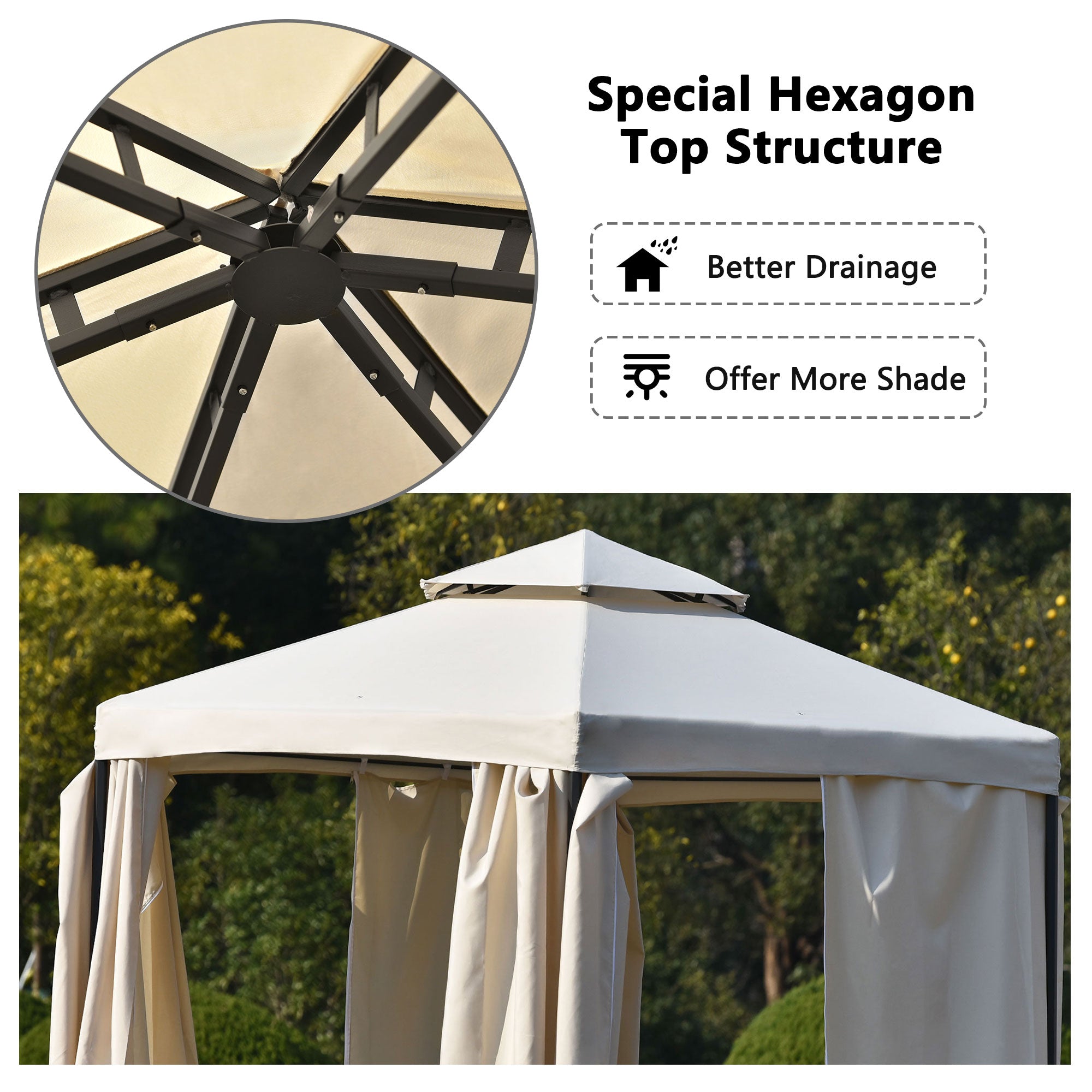 11' X 11' Iron Frame Outdoor Patio Gazebo with Polyester Curtain and Double Roofs