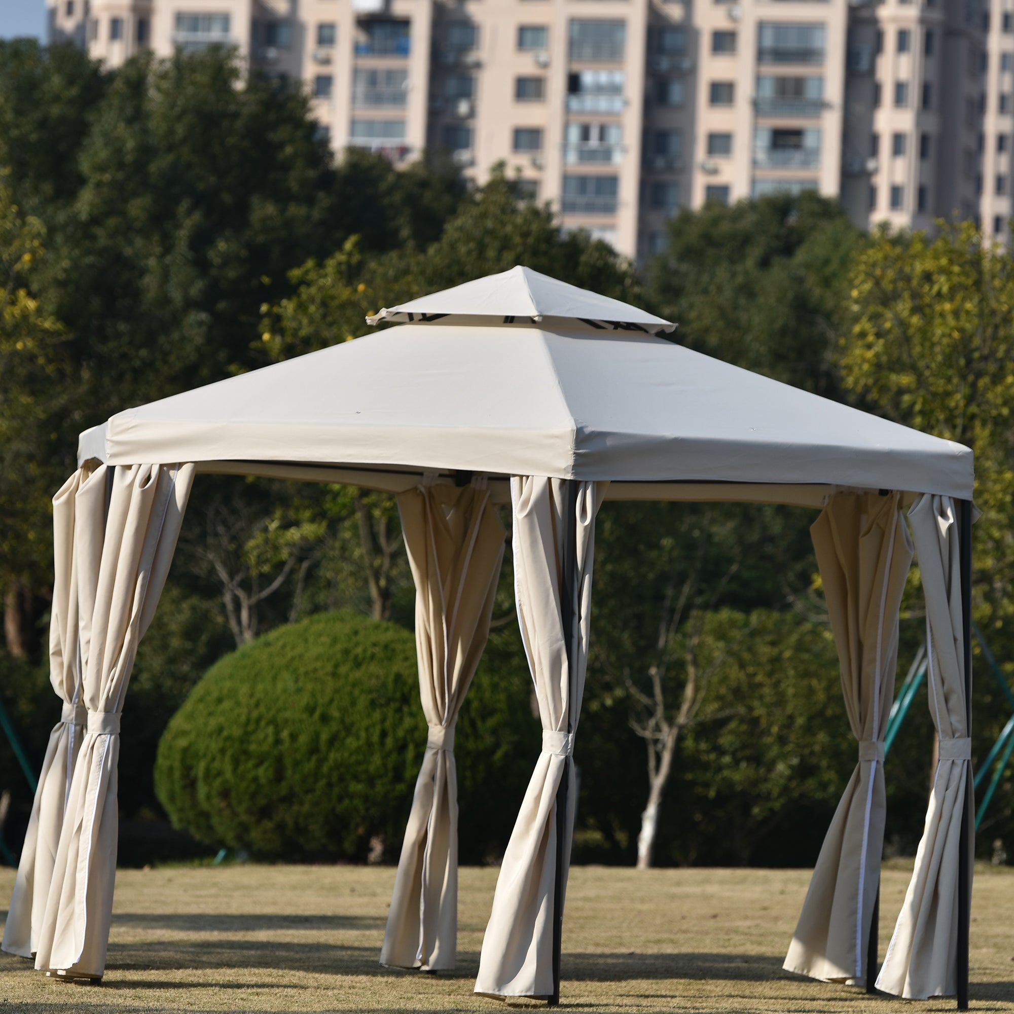 11' X 11' Iron Frame Outdoor Patio Gazebo with Polyester Curtain and Double Roofs