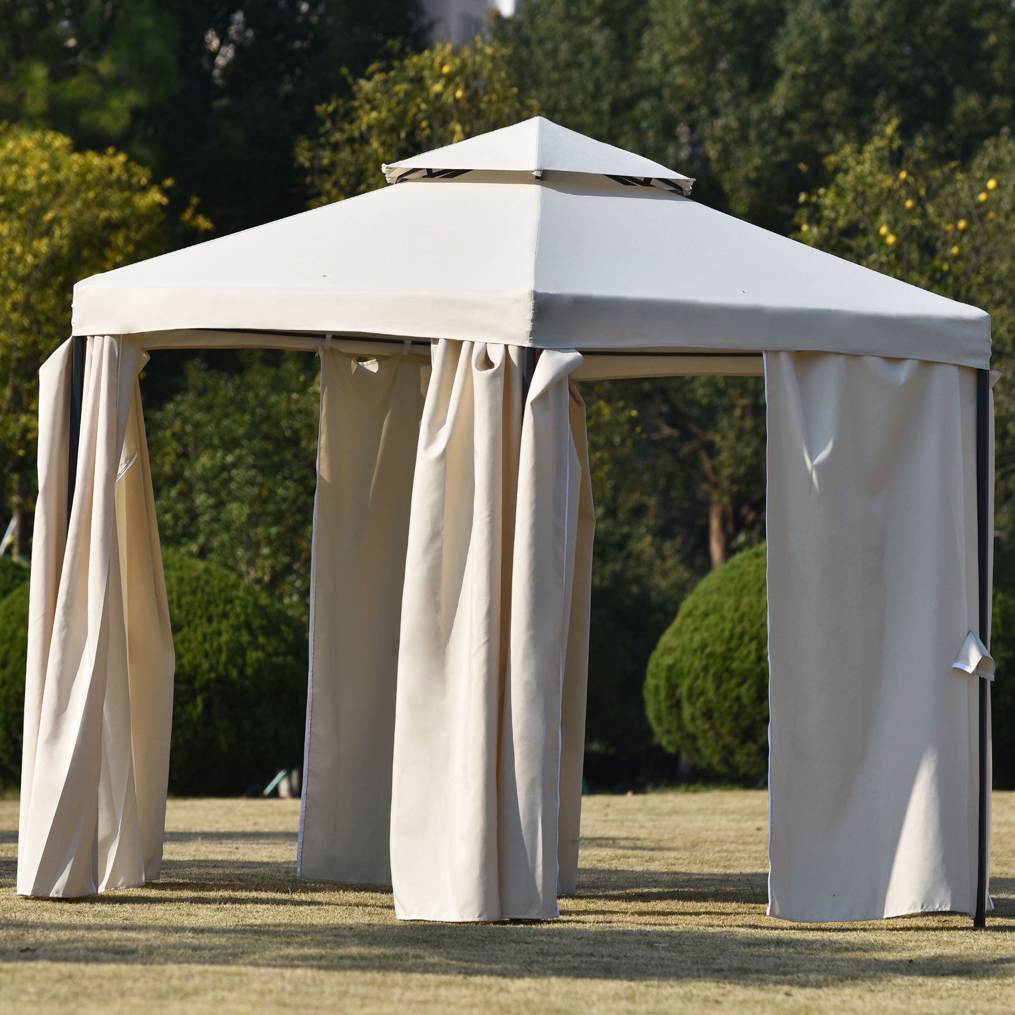 11' X 11' Iron Frame Outdoor Patio Gazebo with Polyester Curtain and Double Roofs