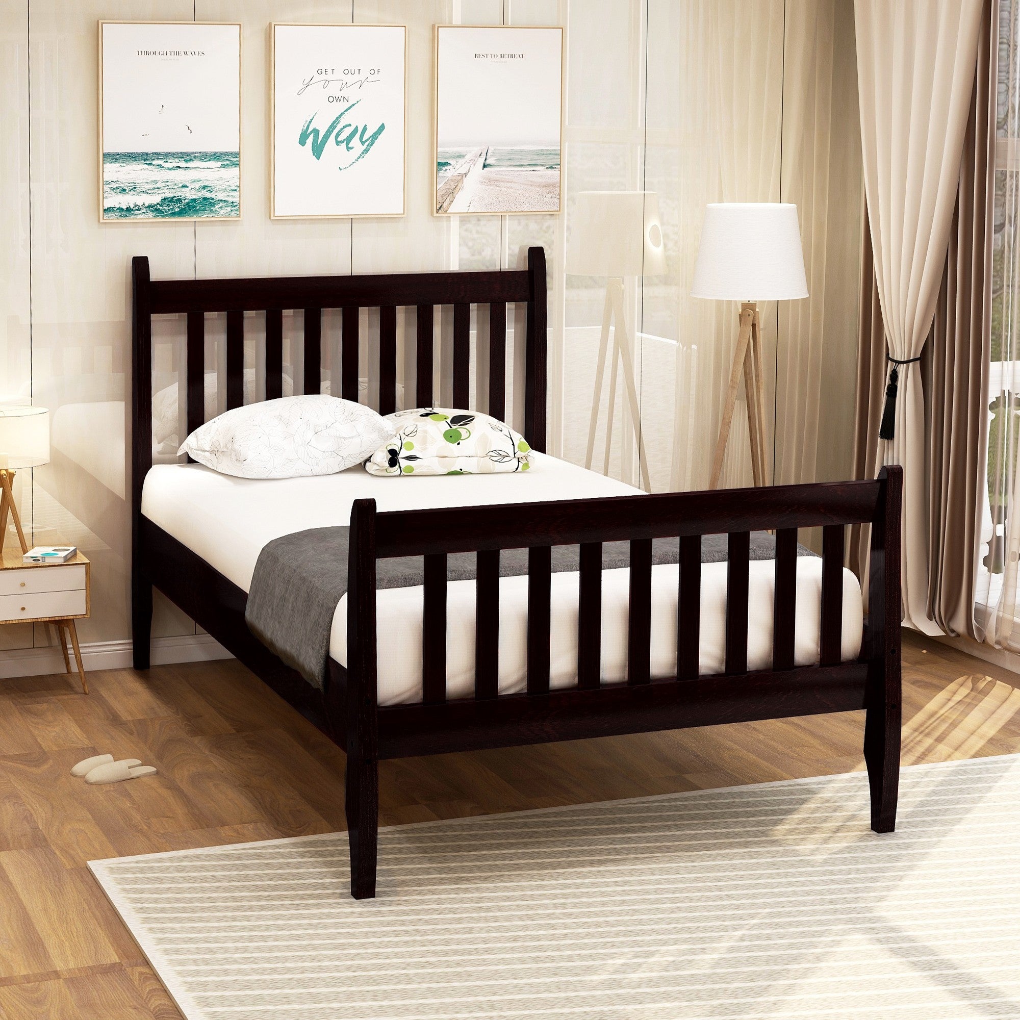 Twin Wood Frame Platform Bed with Headboard