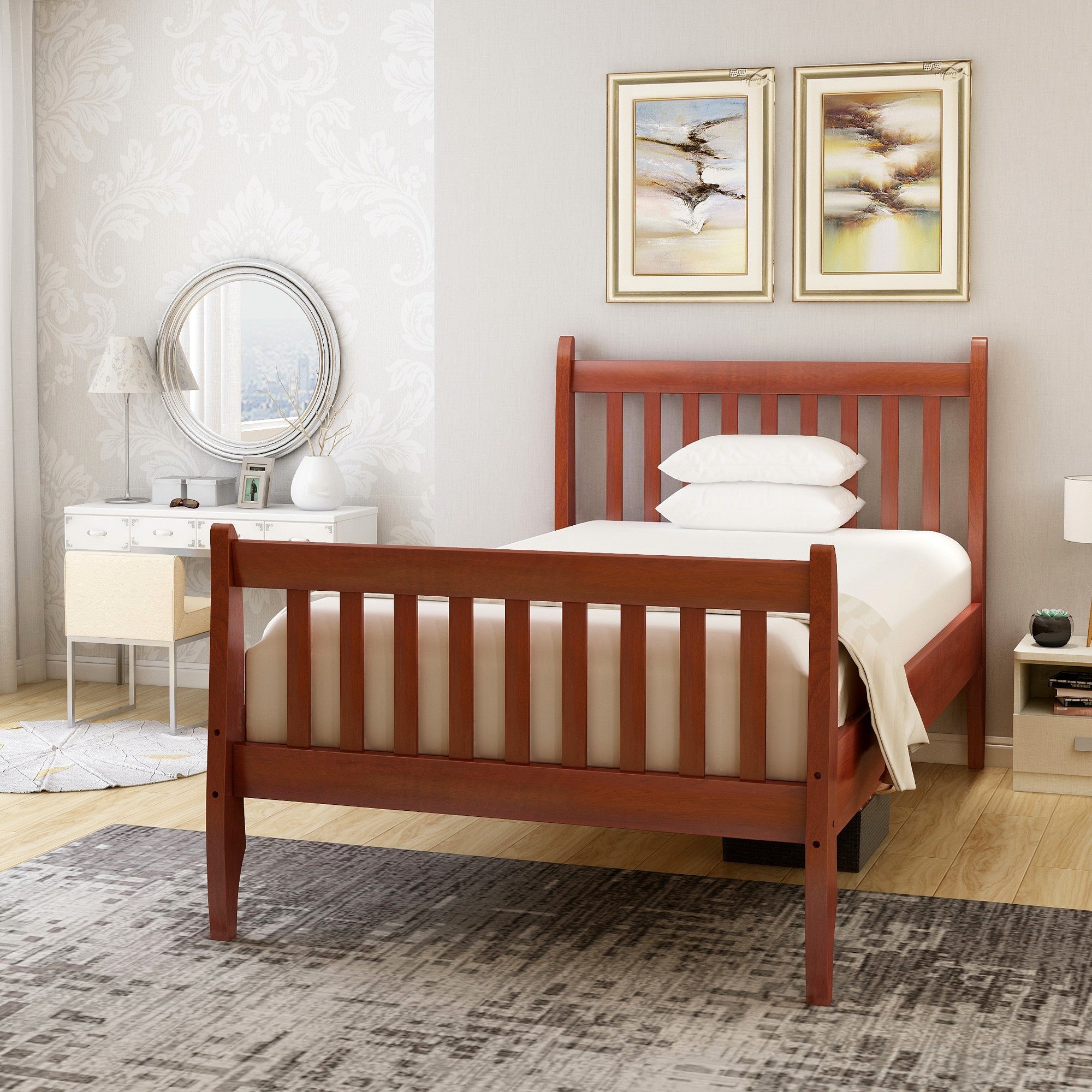 Twin Wood Frame Platform Bed with Headboard