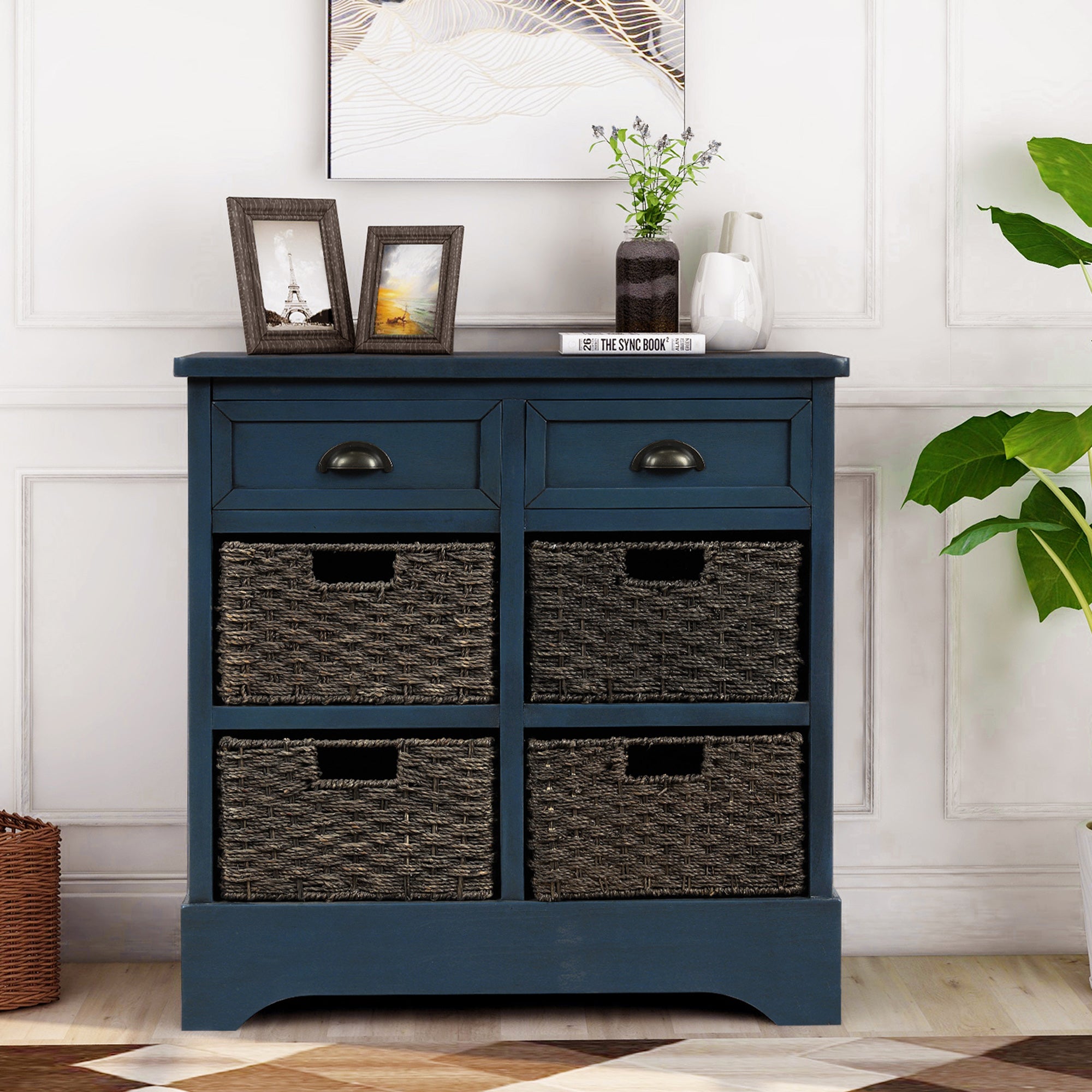 28'' Wood 2 Drawers Storage Cabinet with 4 Rattan Basket