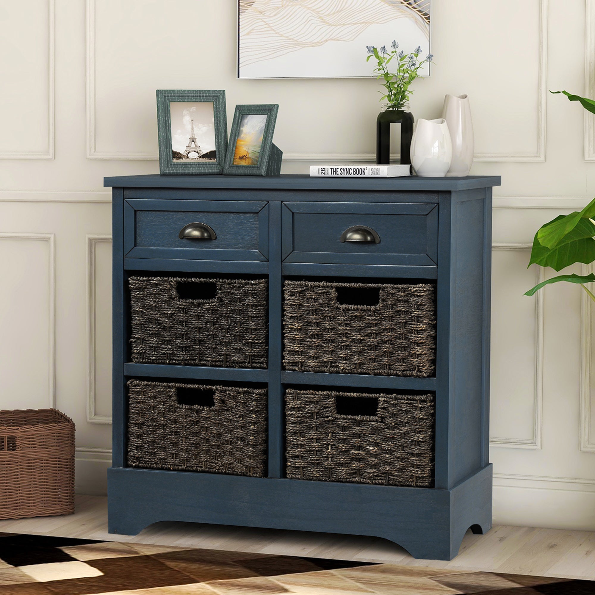 28'' Wood 2 Drawers Storage Cabinet with 4 Rattan Basket