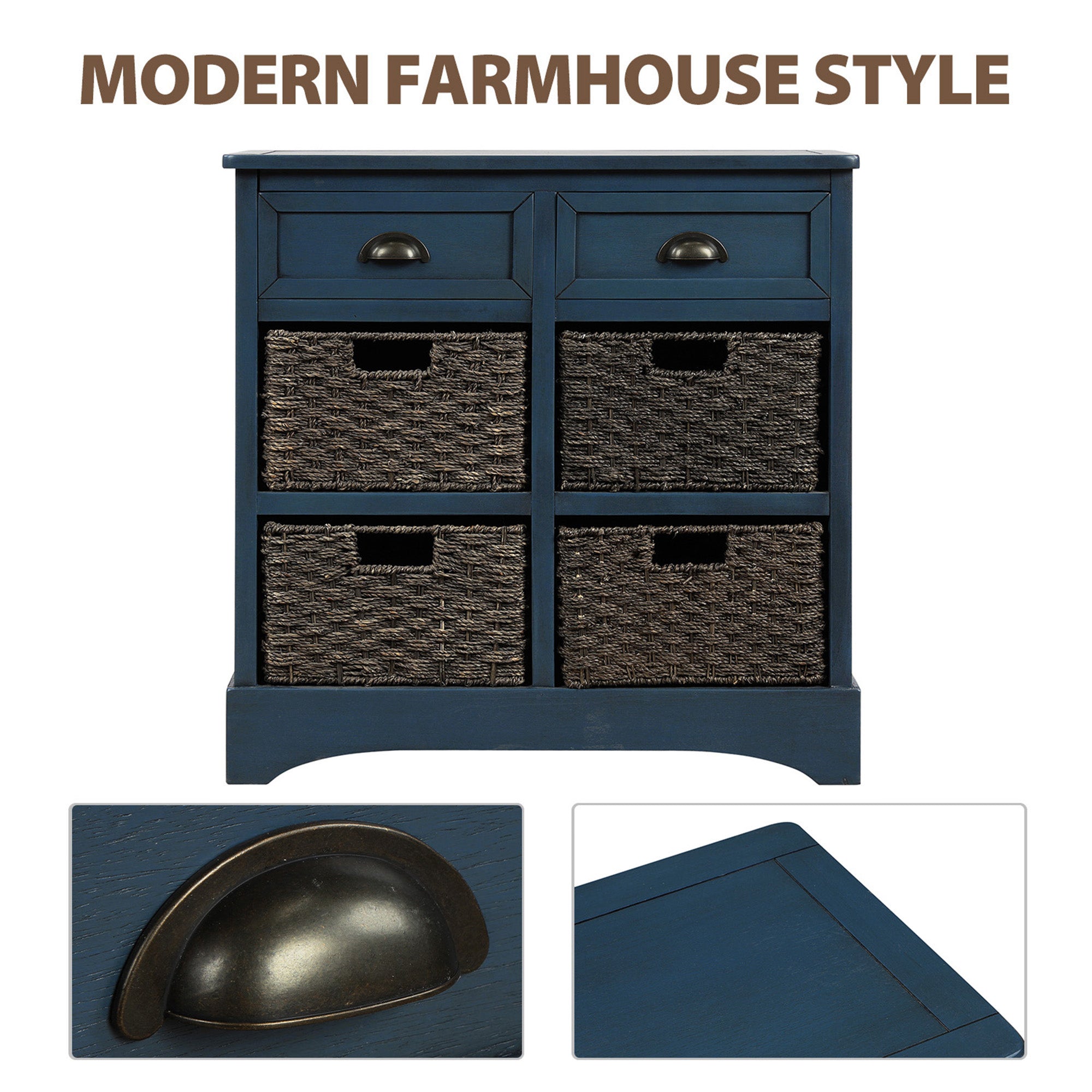 28'' Wood 2 Drawers Storage Cabinet with 4 Rattan Basket