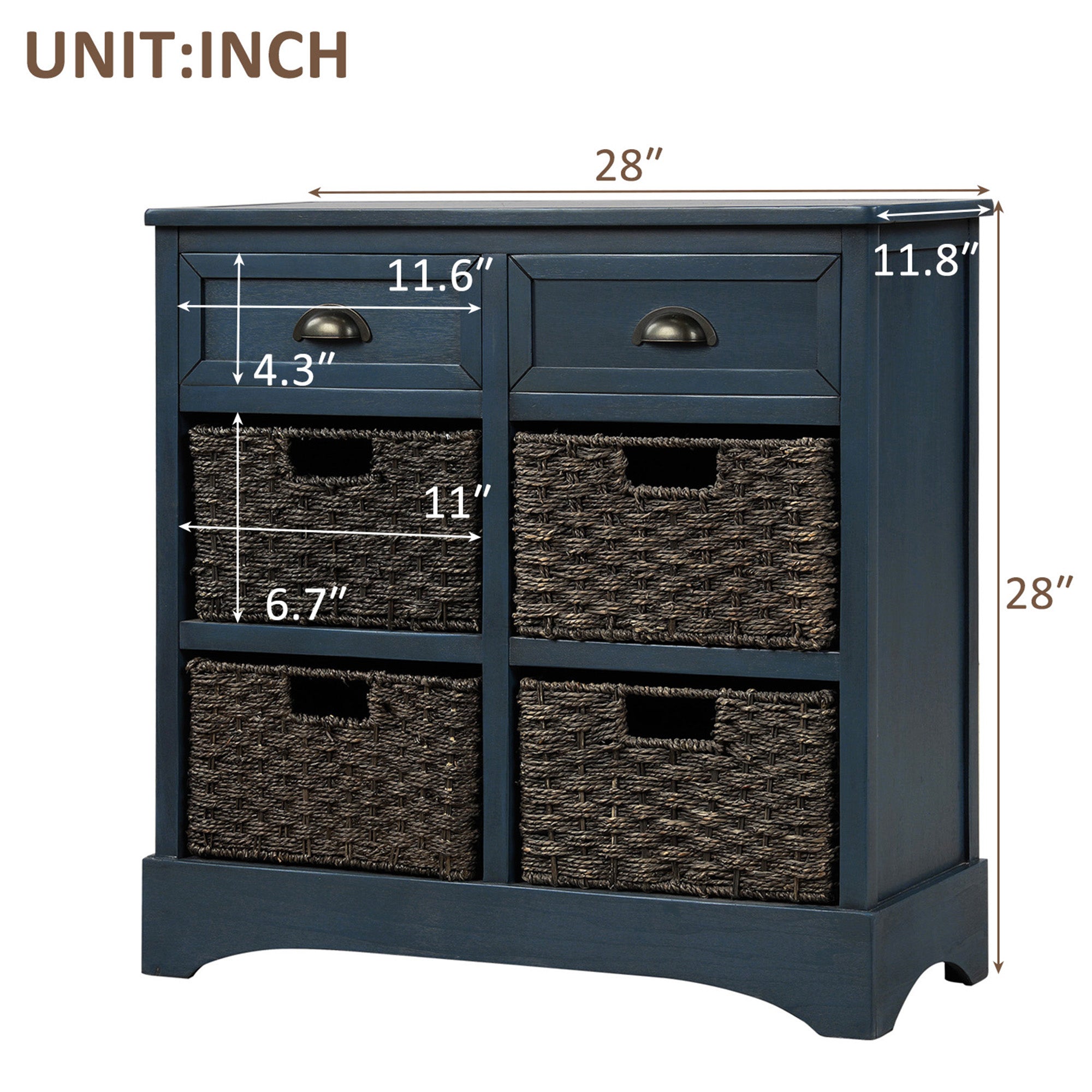 28'' Wood 2 Drawers Storage Cabinet with 4 Rattan Basket