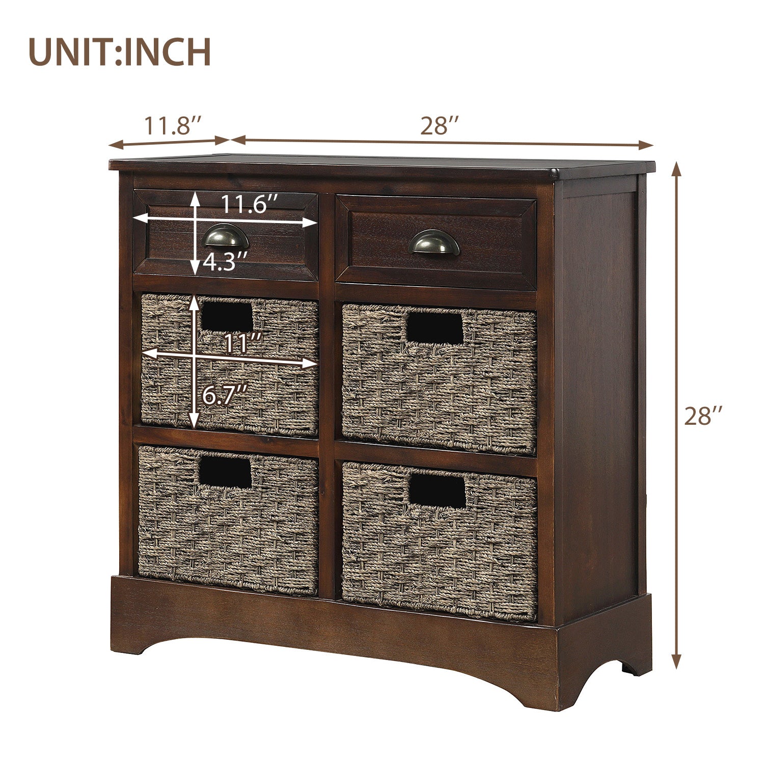 28'' Wood 2 Drawers Storage Cabinet with 4 Rattan Basket