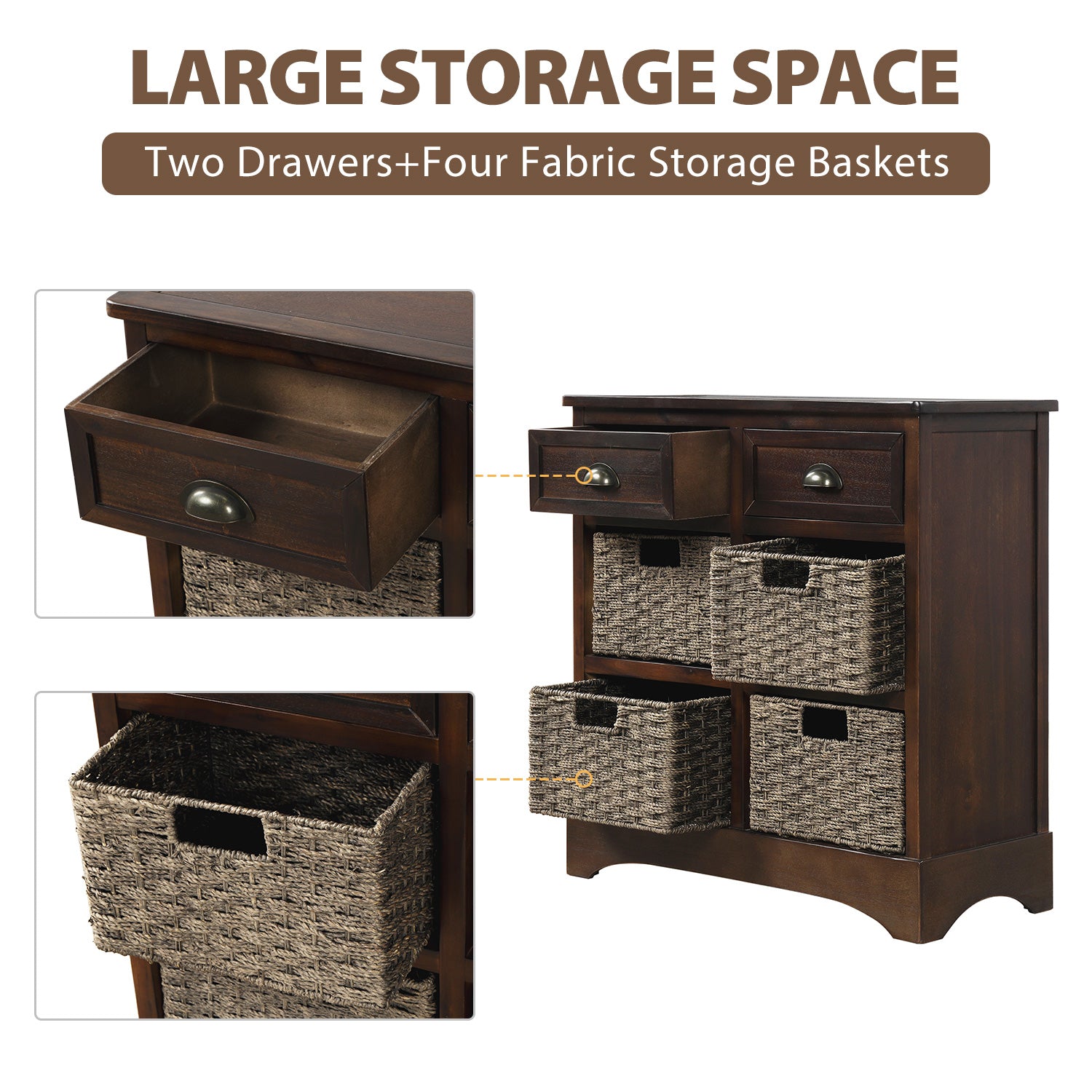28'' Wood 2 Drawers Storage Cabinet with 4 Rattan Basket