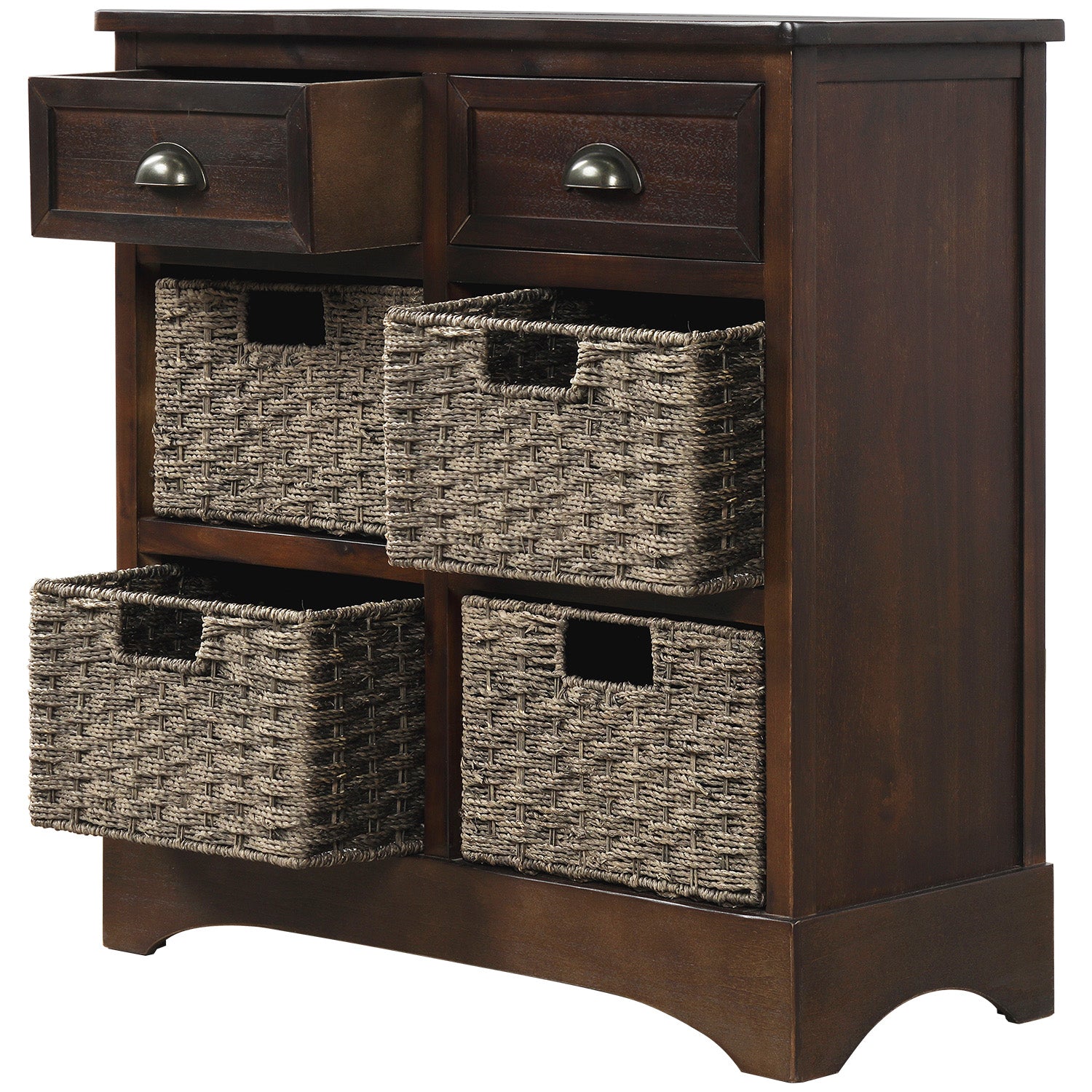 28'' Wood 2 Drawers Storage Cabinet with 4 Rattan Basket