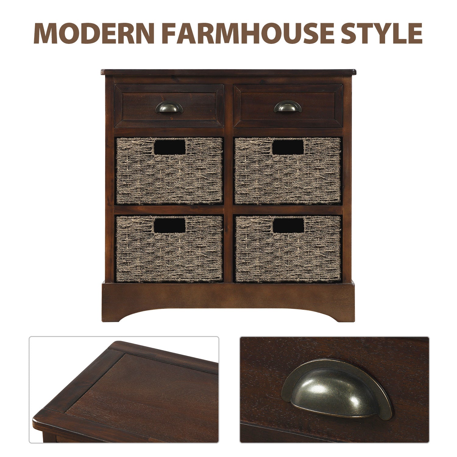 28'' Wood 2 Drawers Storage Cabinet with 4 Rattan Basket