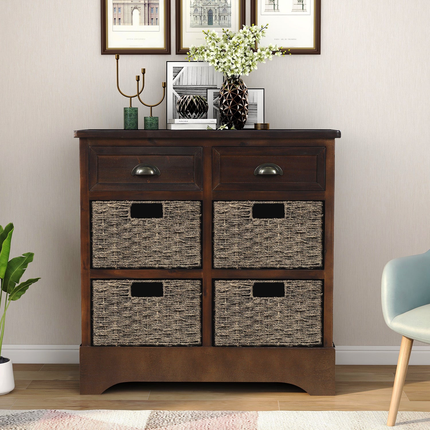 28'' Wood 2 Drawers Storage Cabinet with 4 Rattan Basket