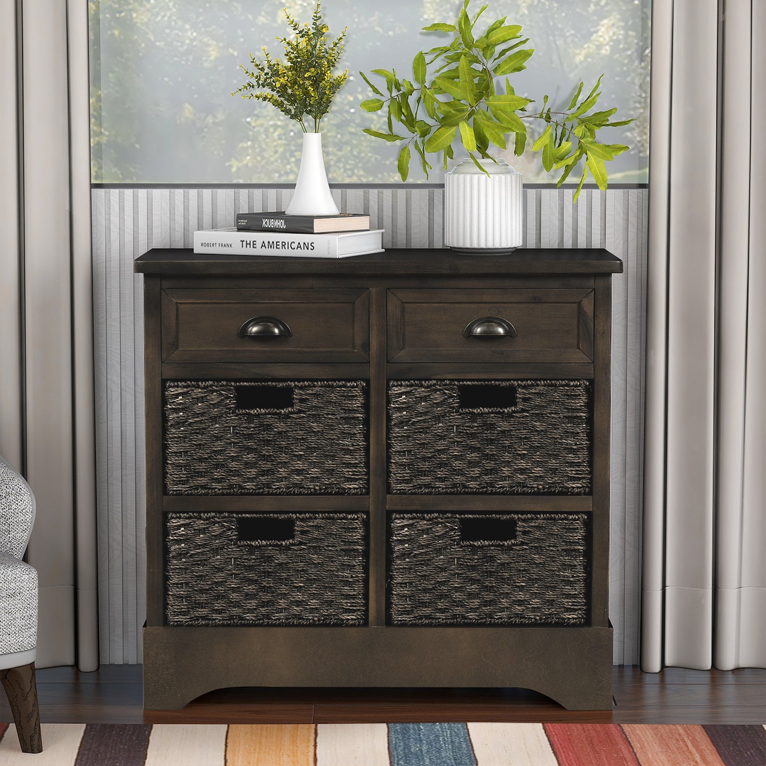 28'' Wood 2 Drawers Storage Cabinet with 4 Rattan Basket