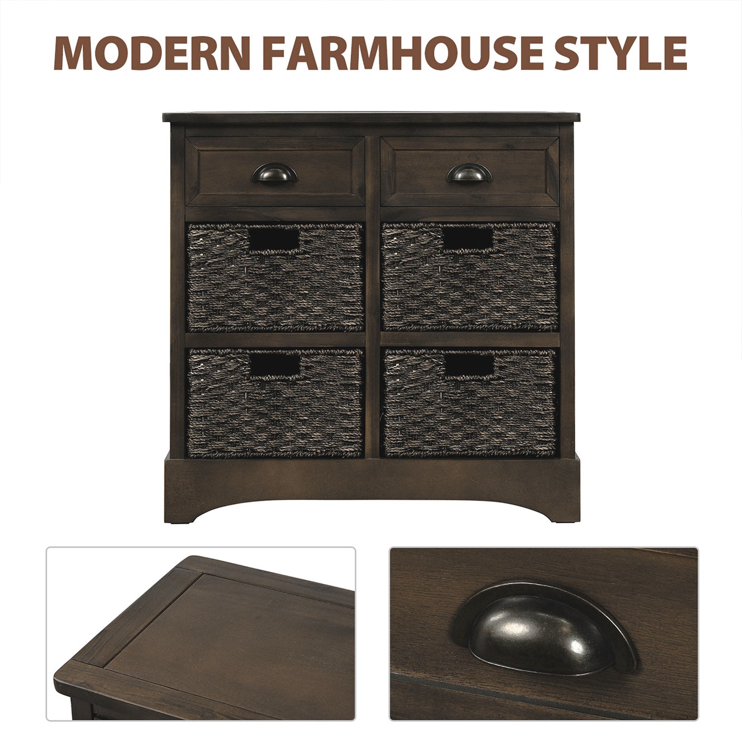 28'' Wood 2 Drawers Storage Cabinet with 4 Rattan Basket