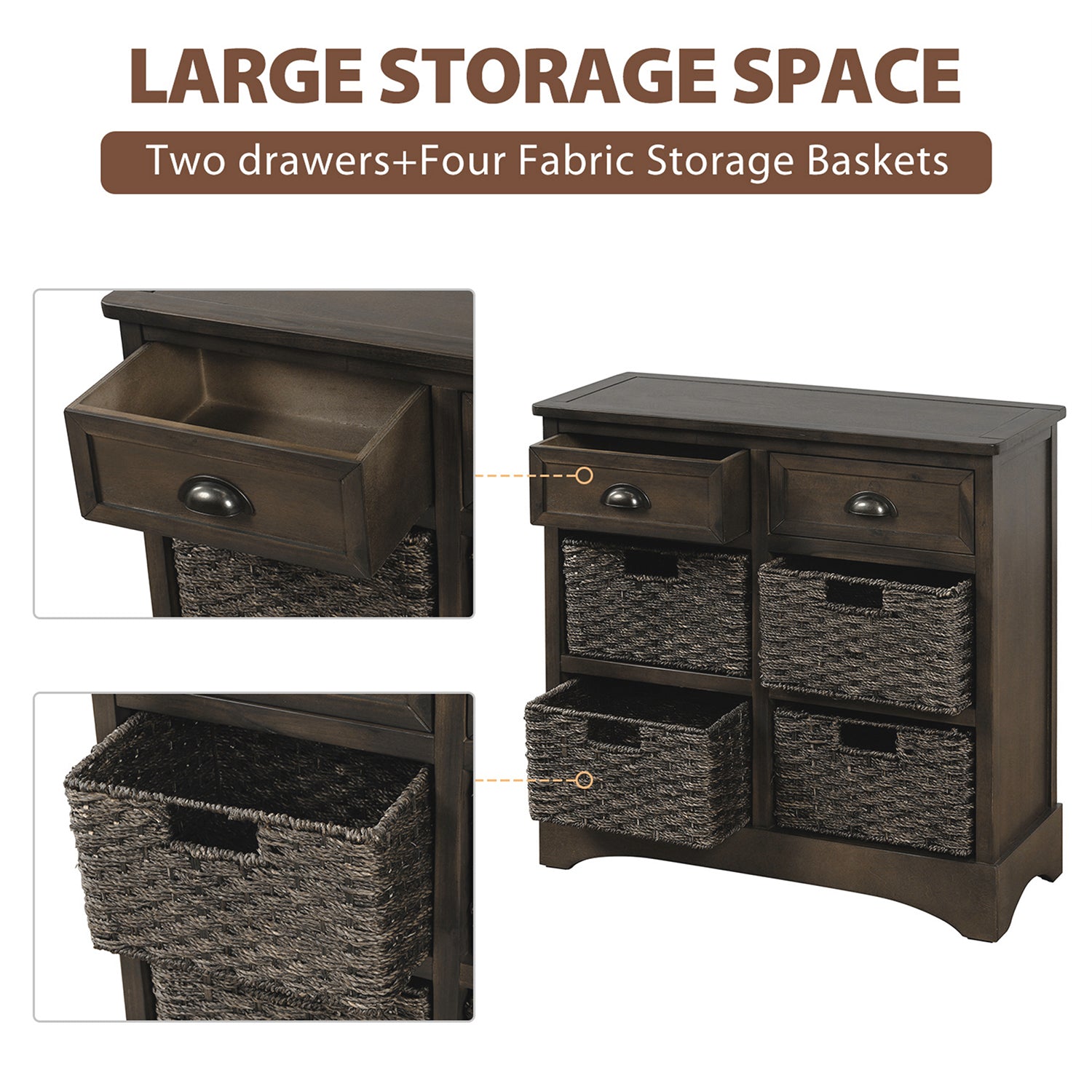 28'' Wood 2 Drawers Storage Cabinet with 4 Rattan Basket